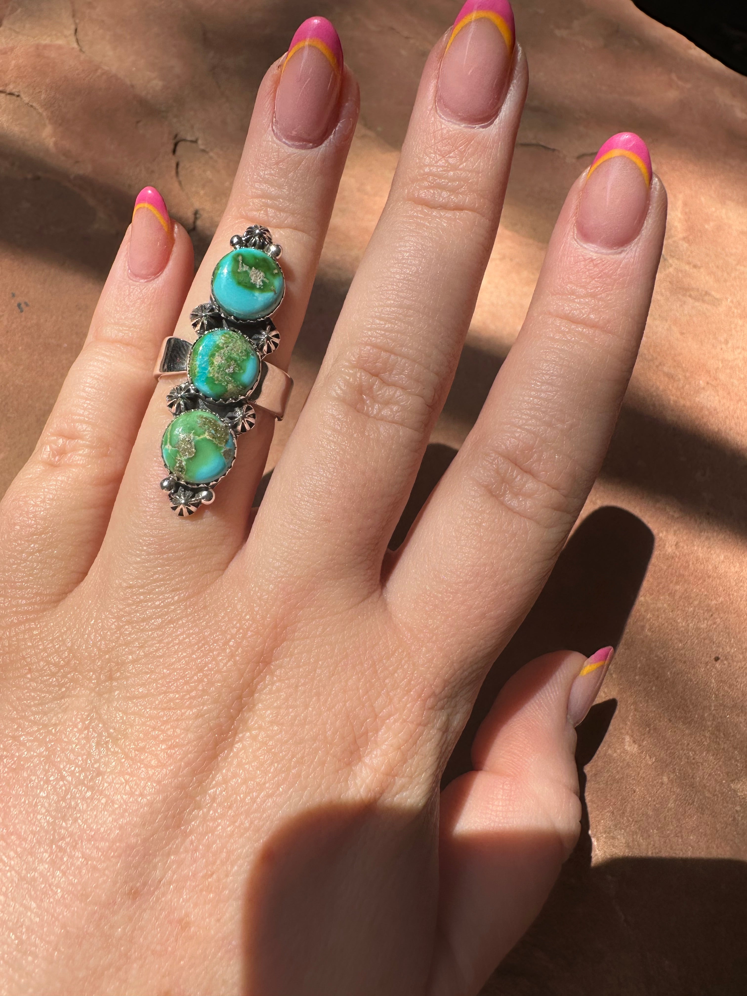 Beautiful Handmade Sonoran Mountain Turquoise And Sterling Silver Adjustable 3 Stone Ring