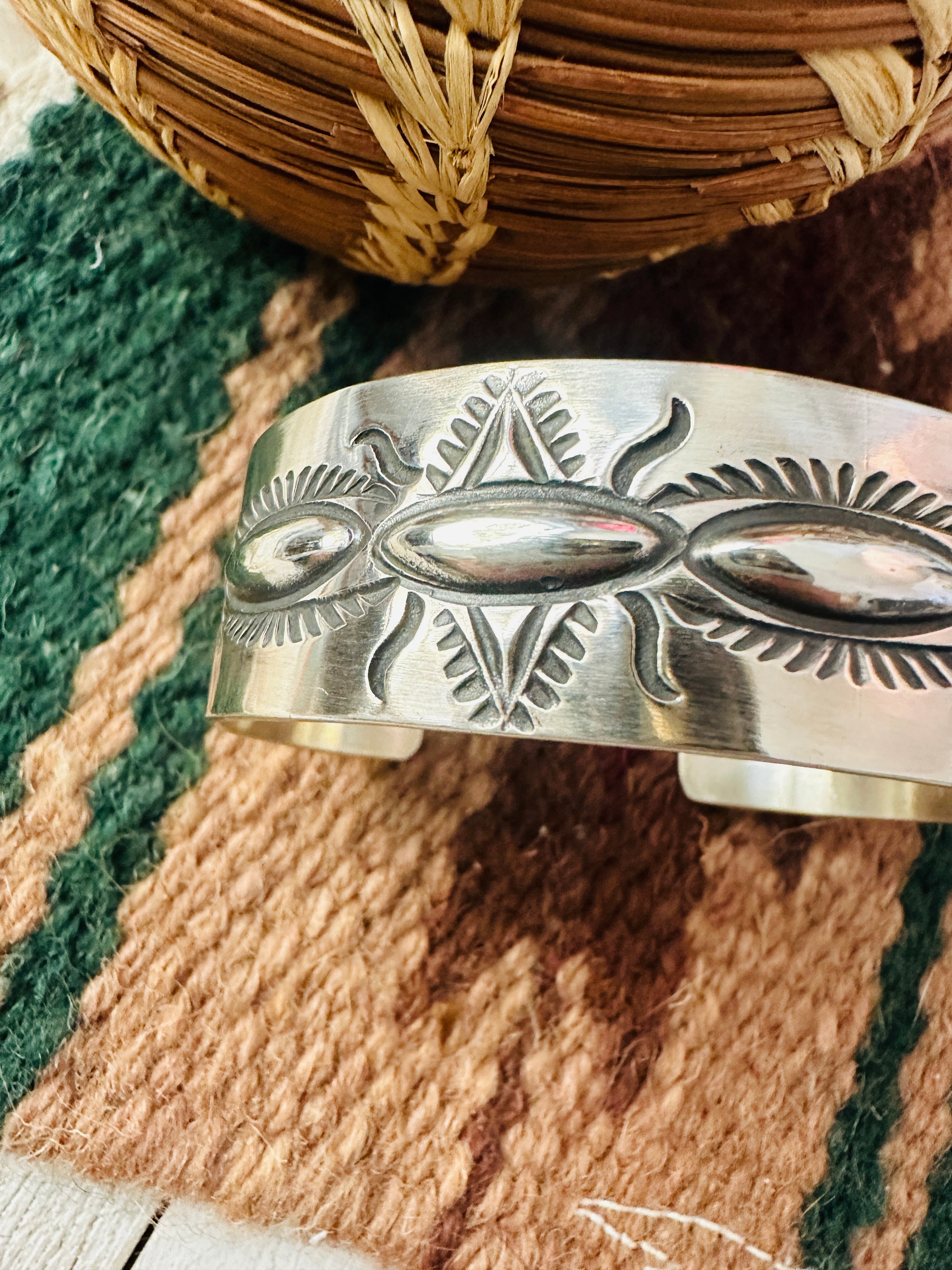 Navajo Hand Stamped Sterling Silver Cuff Bracelet By Elvira Bill