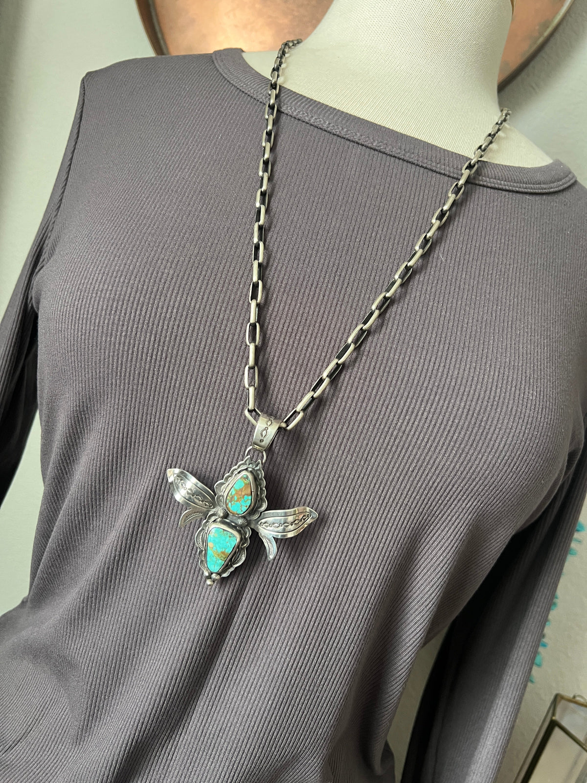 Handcrafted Sterling Silver and Turquoise Winged Bug Pendant by Kimari Somers