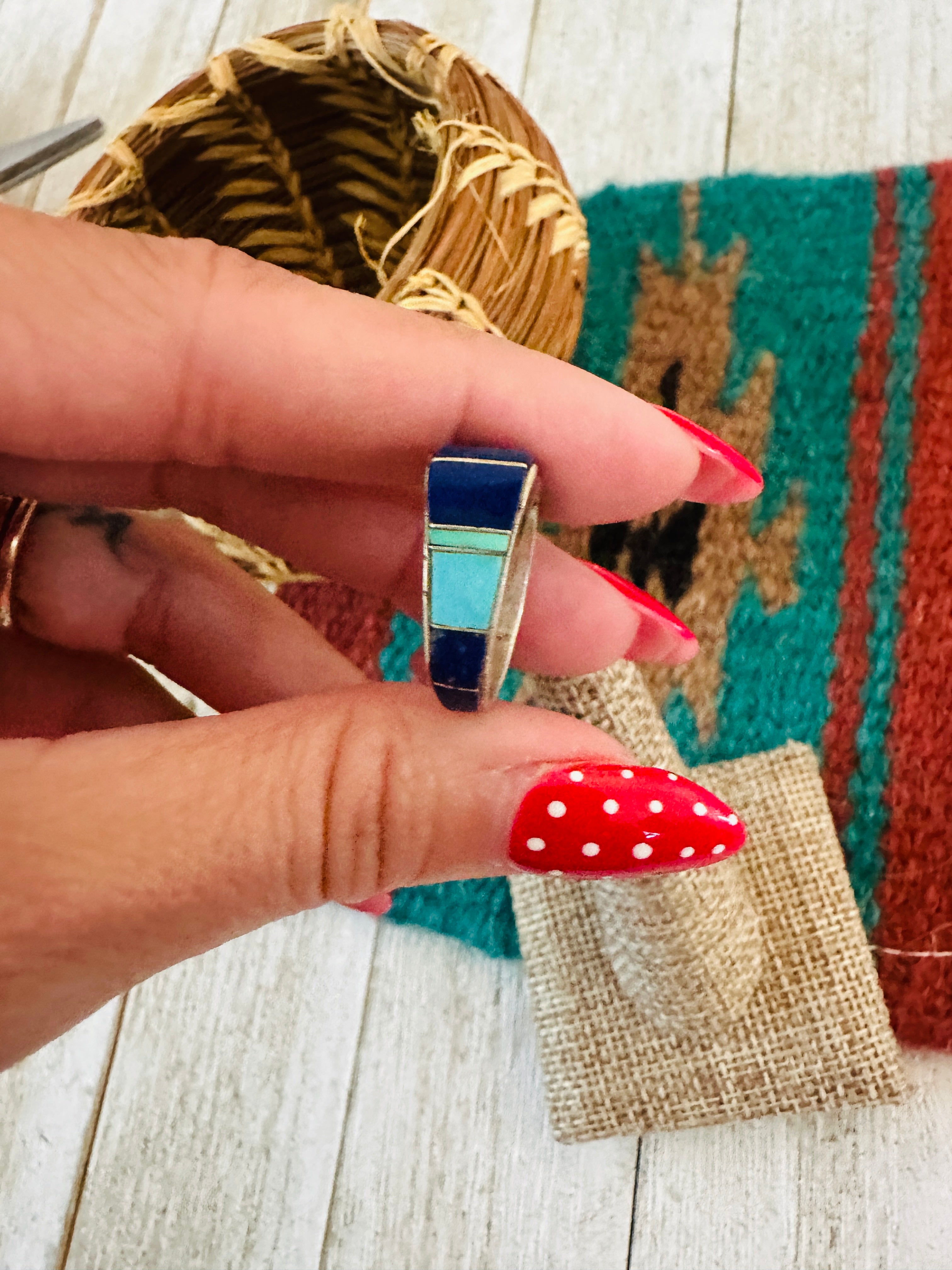 Handcrafted Old Pawn Sterling Silver, Lapis & Turquoise Inlay Band Ring Size 6