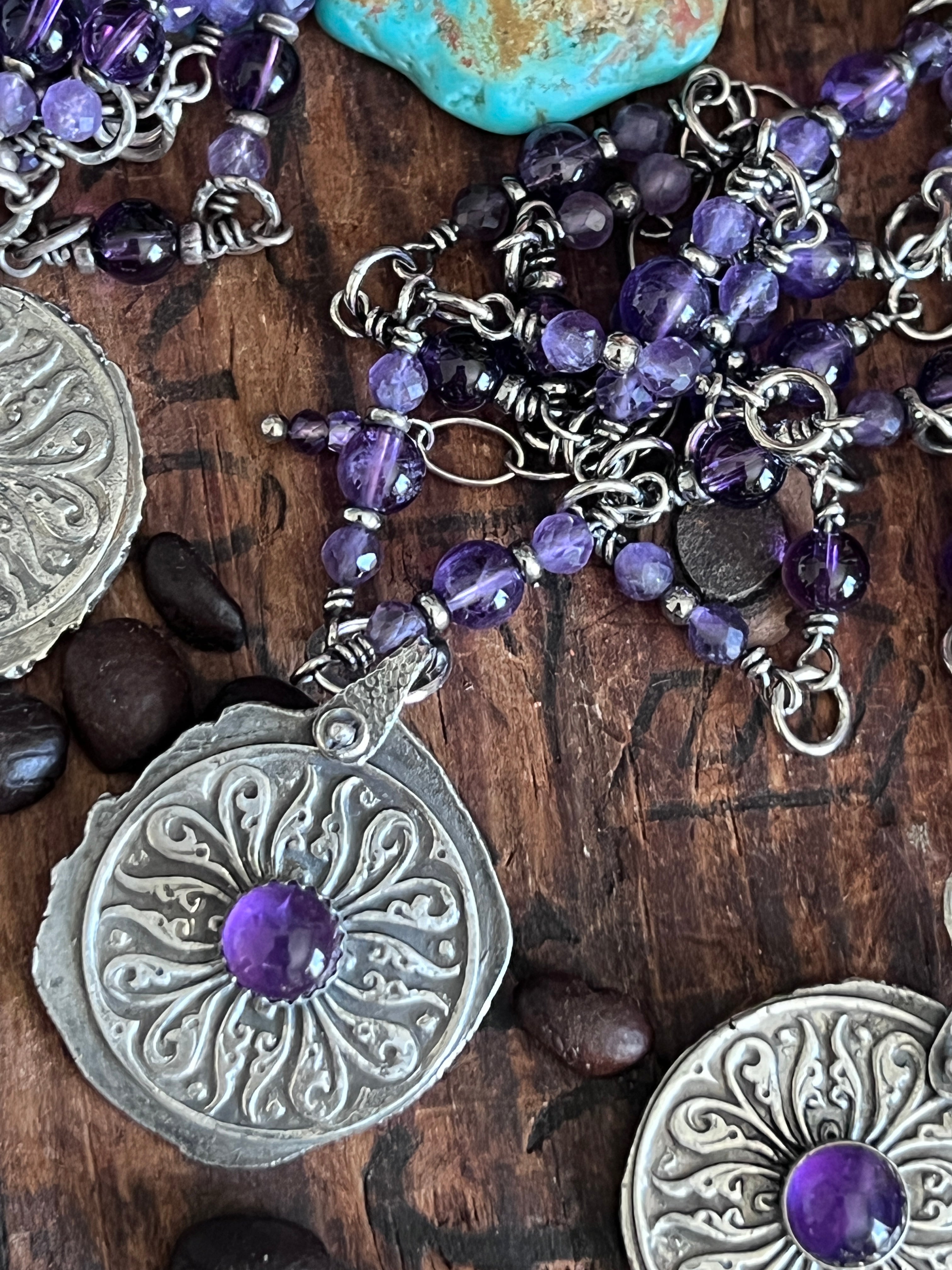 Tularosa Rosary Style Sterling Silver and Amethyst Relic Coin Necklace