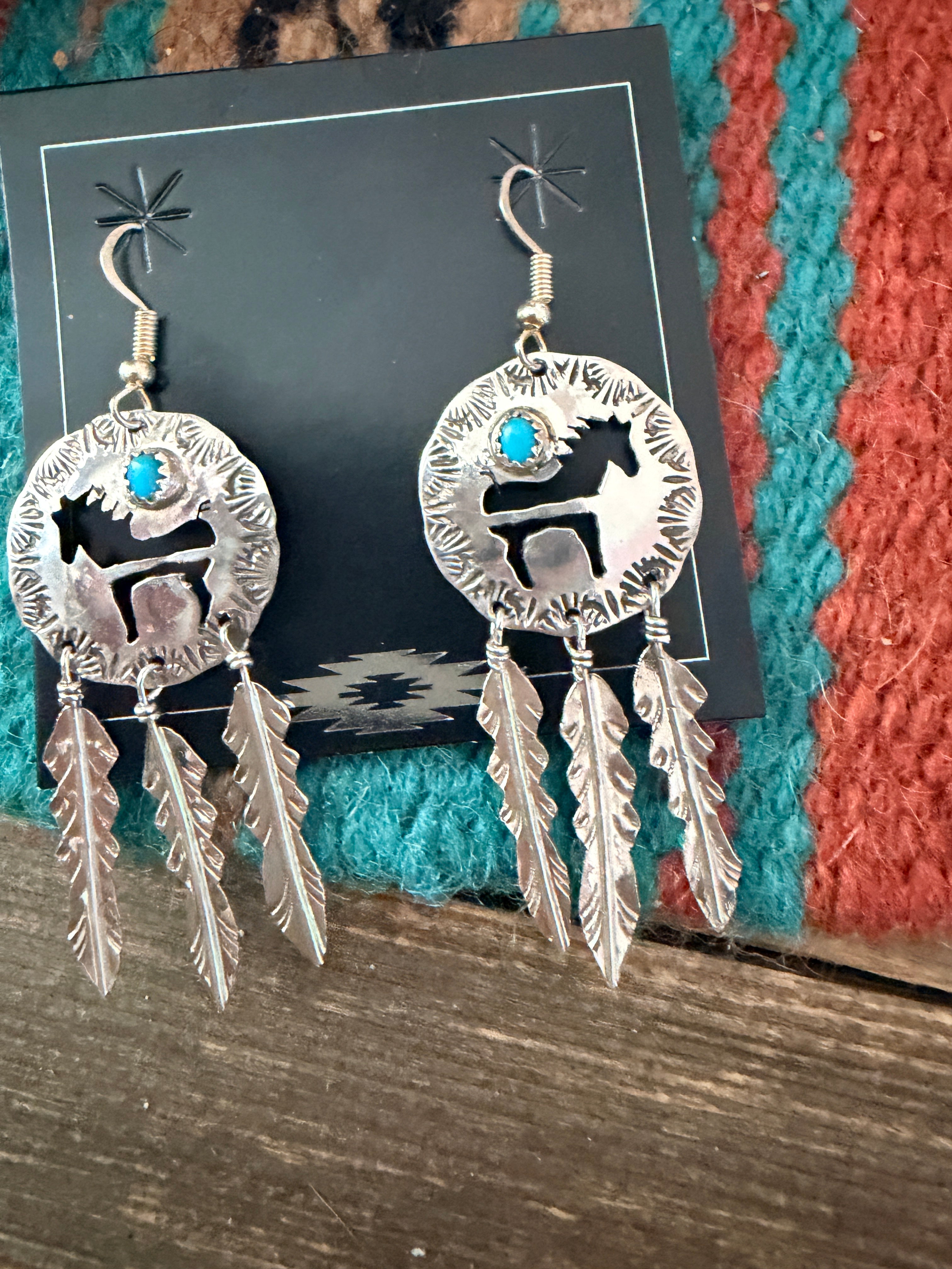 Old Pawn Handcrafted Sterling Silver & Turquoise Horse Feather Dangle Earrings