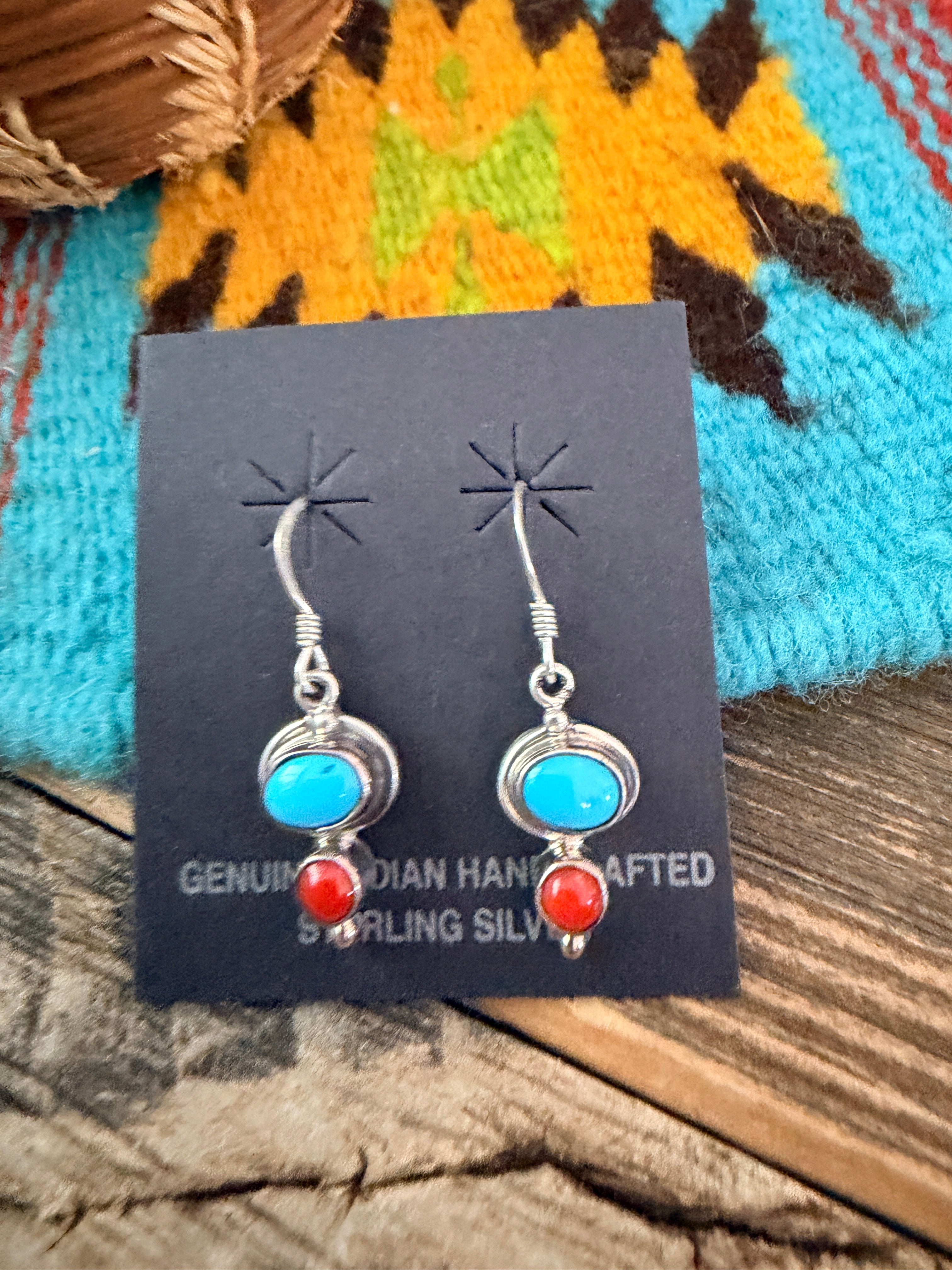 Handcrafted Turquoise, Coral & Sterling Silver Dangle Earrings