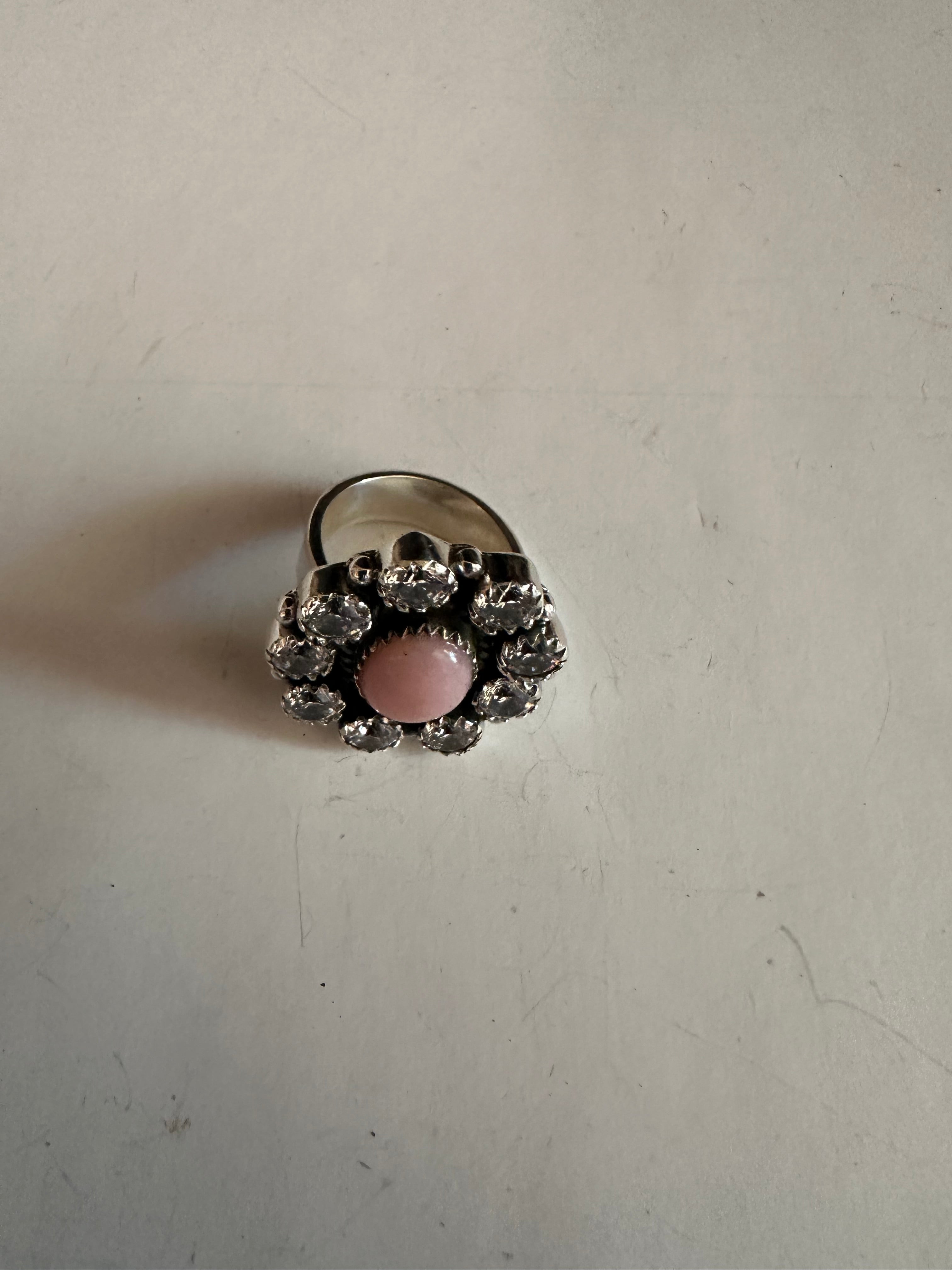 Handmade Pink Conch, CZ & Sterling Silver Adjustable Ring