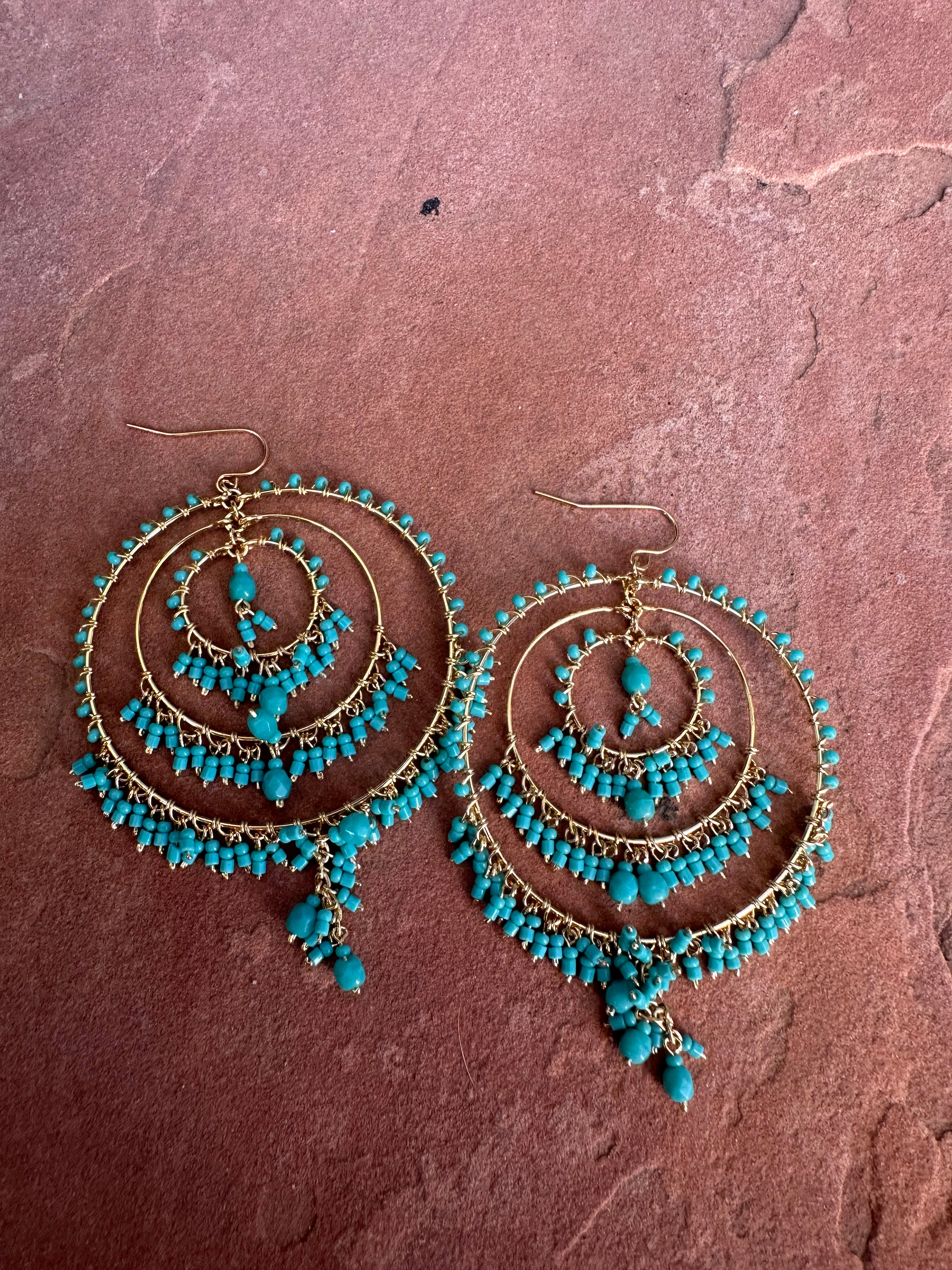 “The Golden Collection”  Dreamcatcher Handmade Gold Plated Turquiose Beaded Earrings style 2