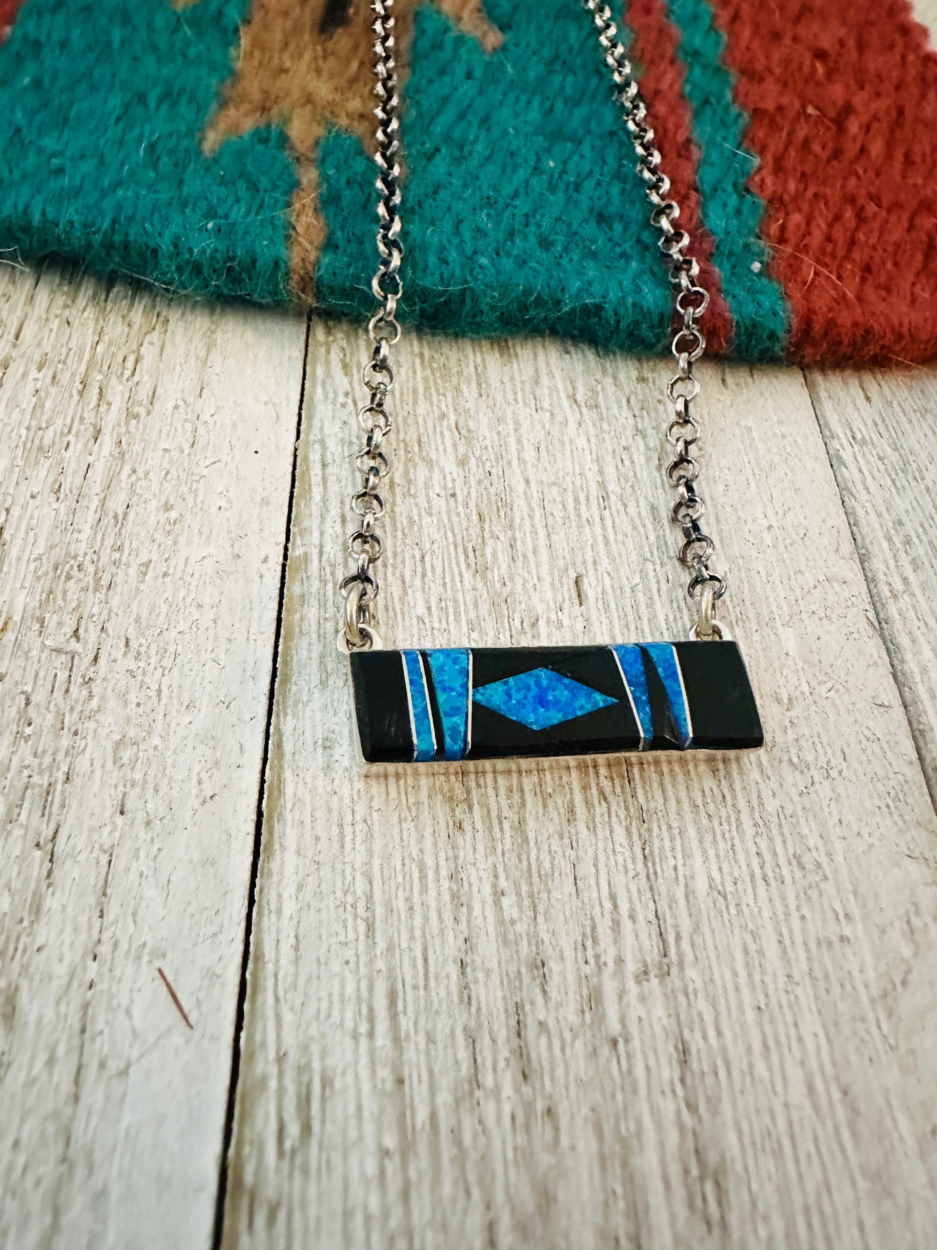 Navajo Opal, Onyx & Sterling Silver Inlay Bar Necklace