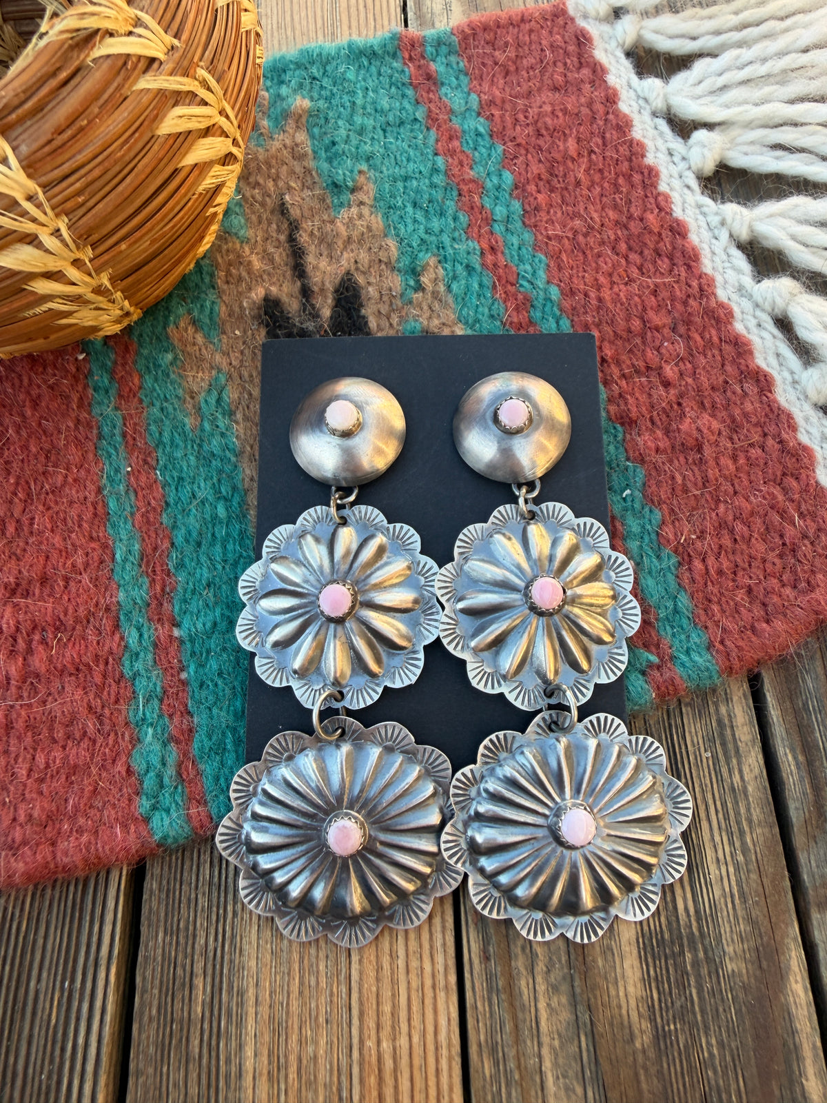 Handcrafted Queen Pink Conch & Sterling Silver Concho Dangle Earrings