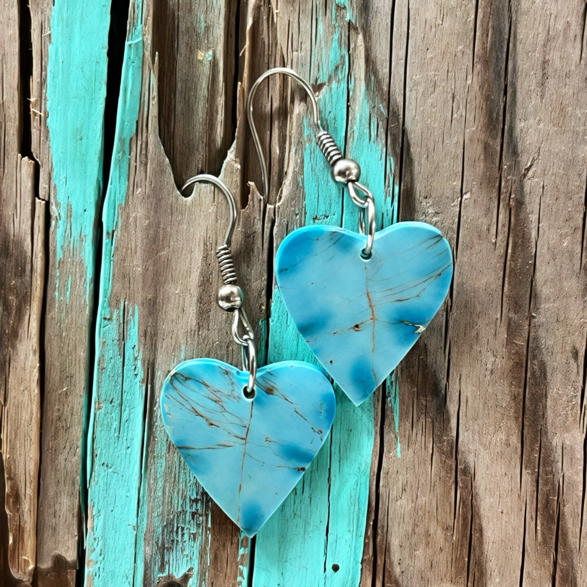 Handcrafted Turquoise Heart Sterling Silver Slab Earrings