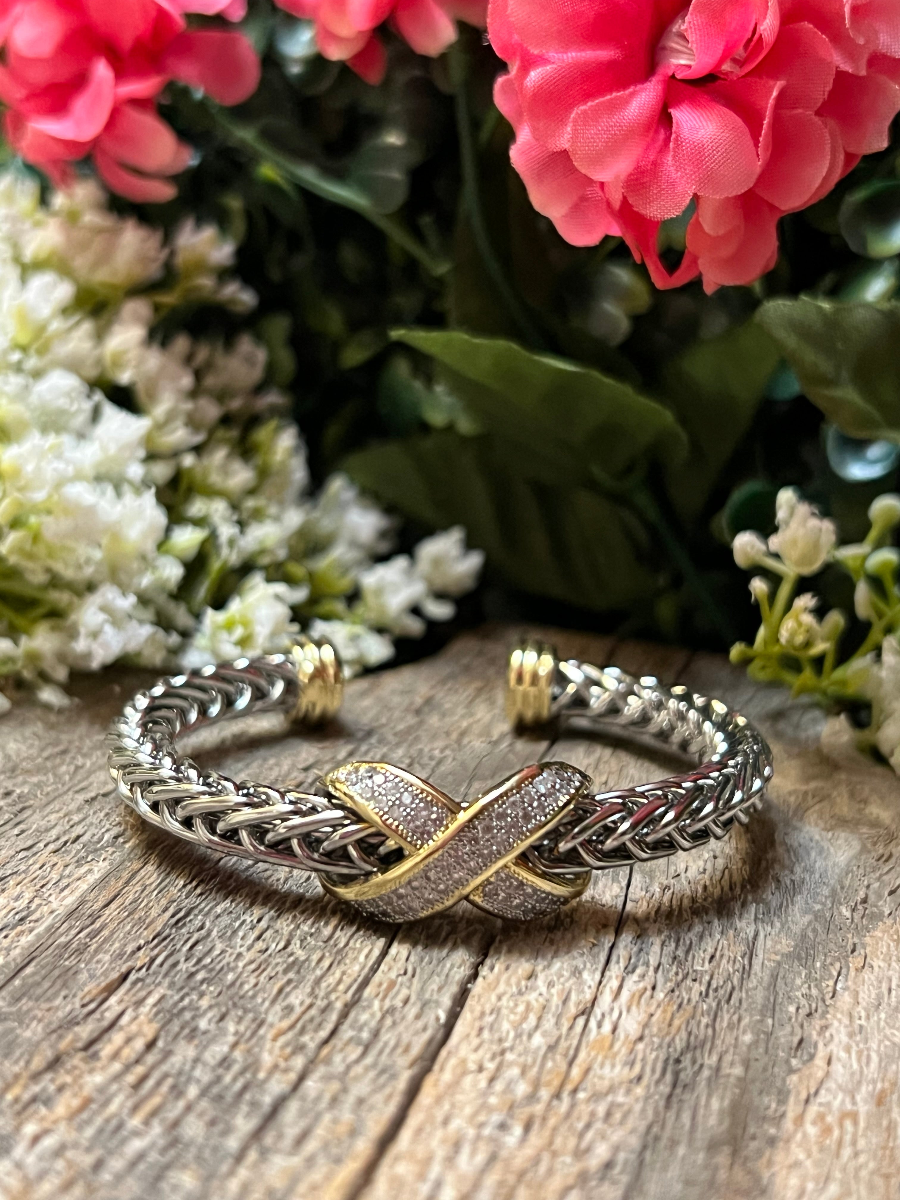 Silver & 14k Gold Plated Two Tone CZ “X” Bangle Bracelet