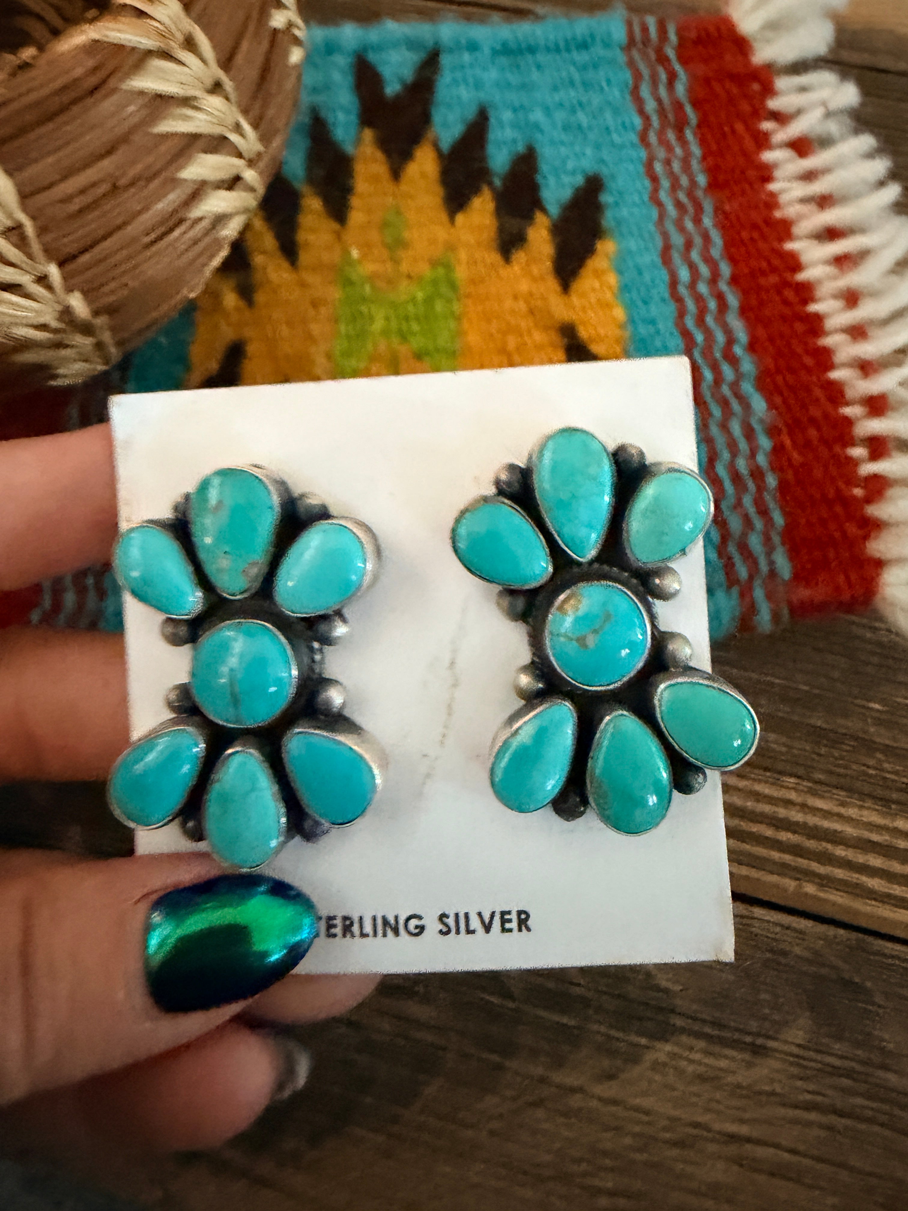 Handcrafted Turquoise & Sterling Silver Cluster Post Earrings