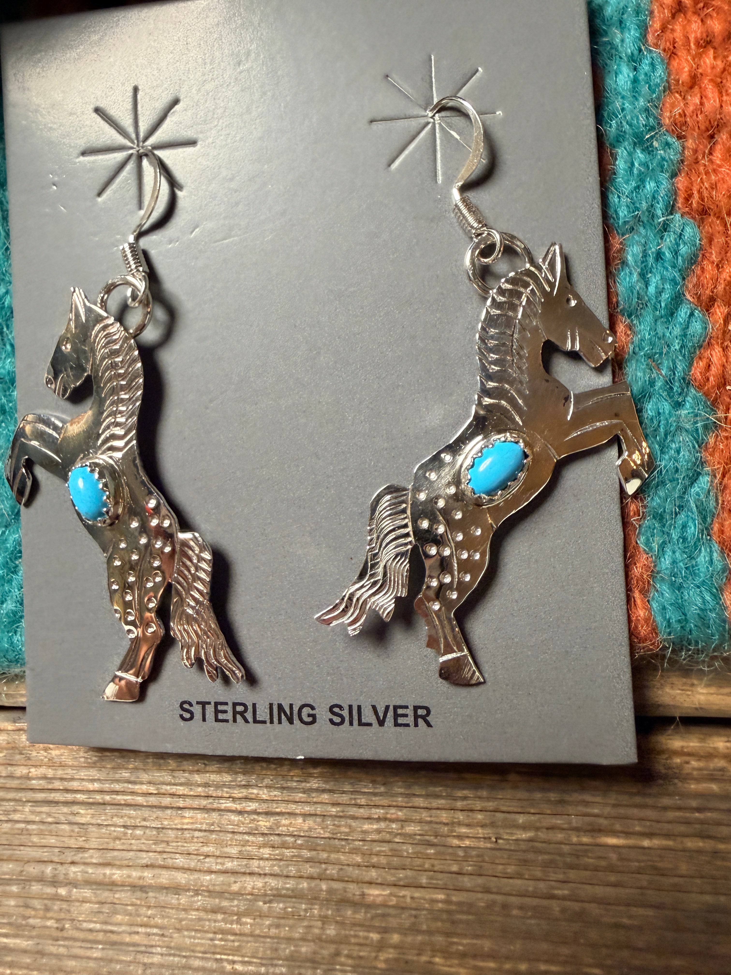 Handcrafted Turquoise & Sterling Silver Horse Dangle Earrings Signed