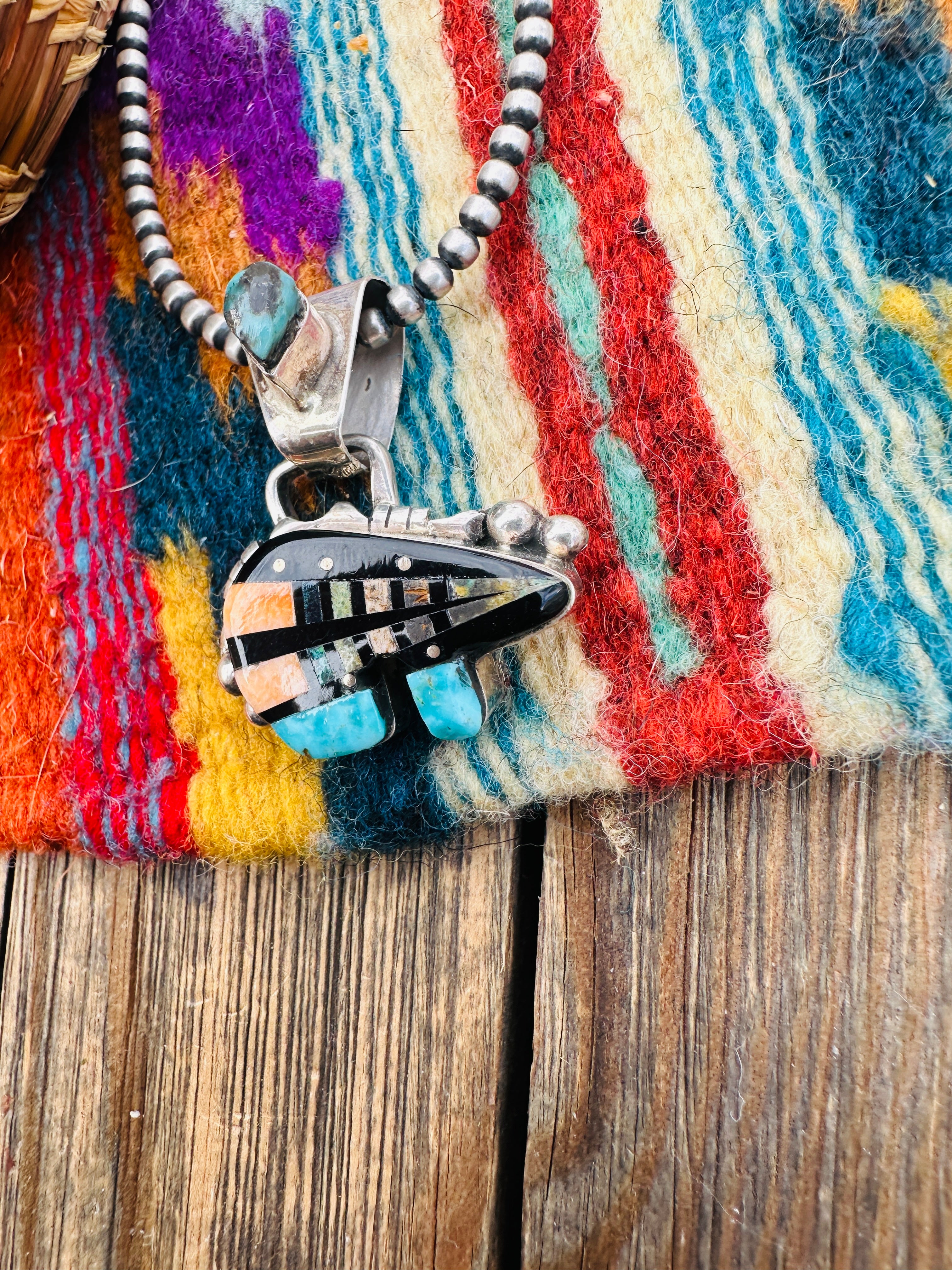 Handcrafted Sterling Silver and Multi Stone Inlay Pendant by Ray Jack