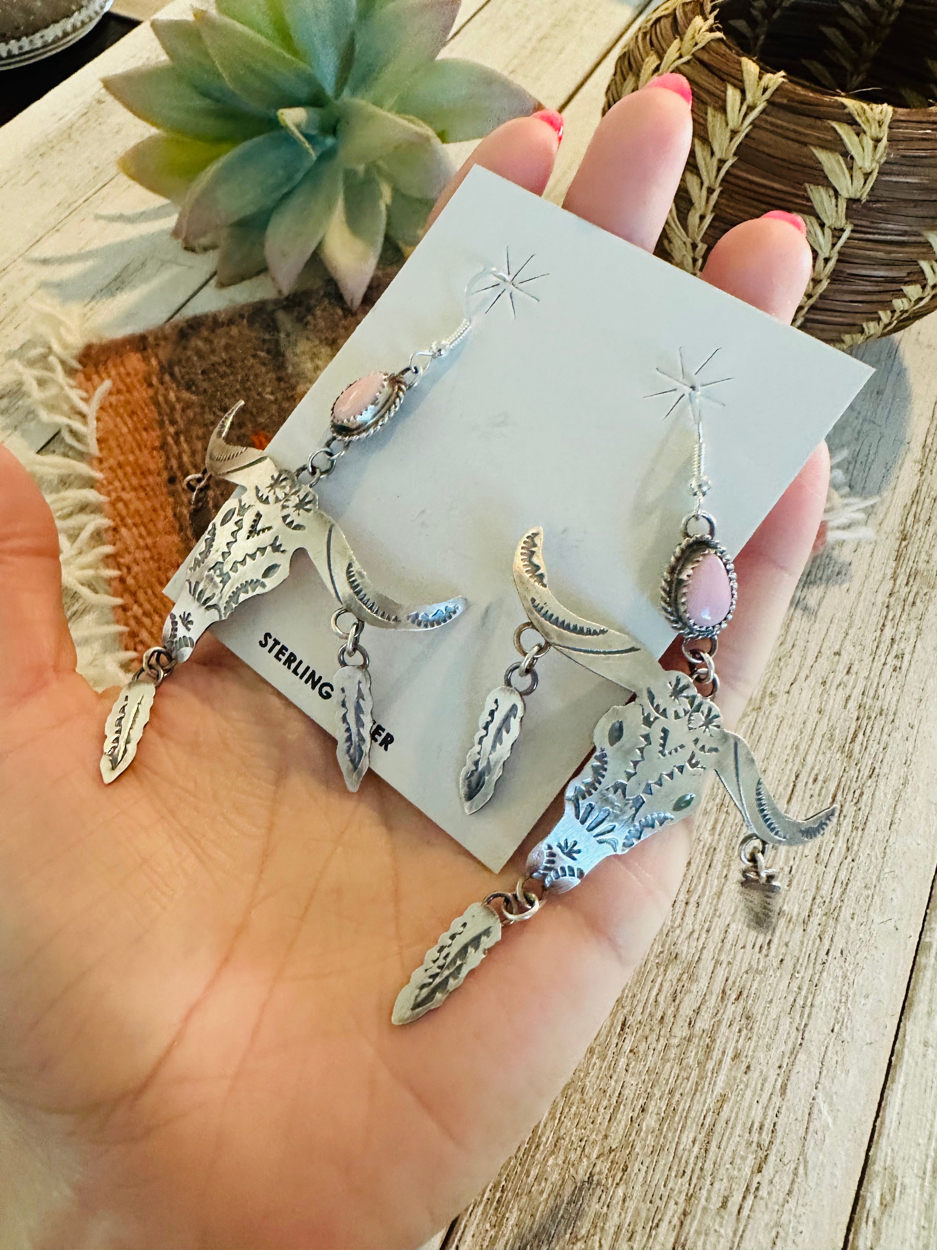 Navajo Queen Pink Conch & Sterling Silver Bull Head Dangle Earrings