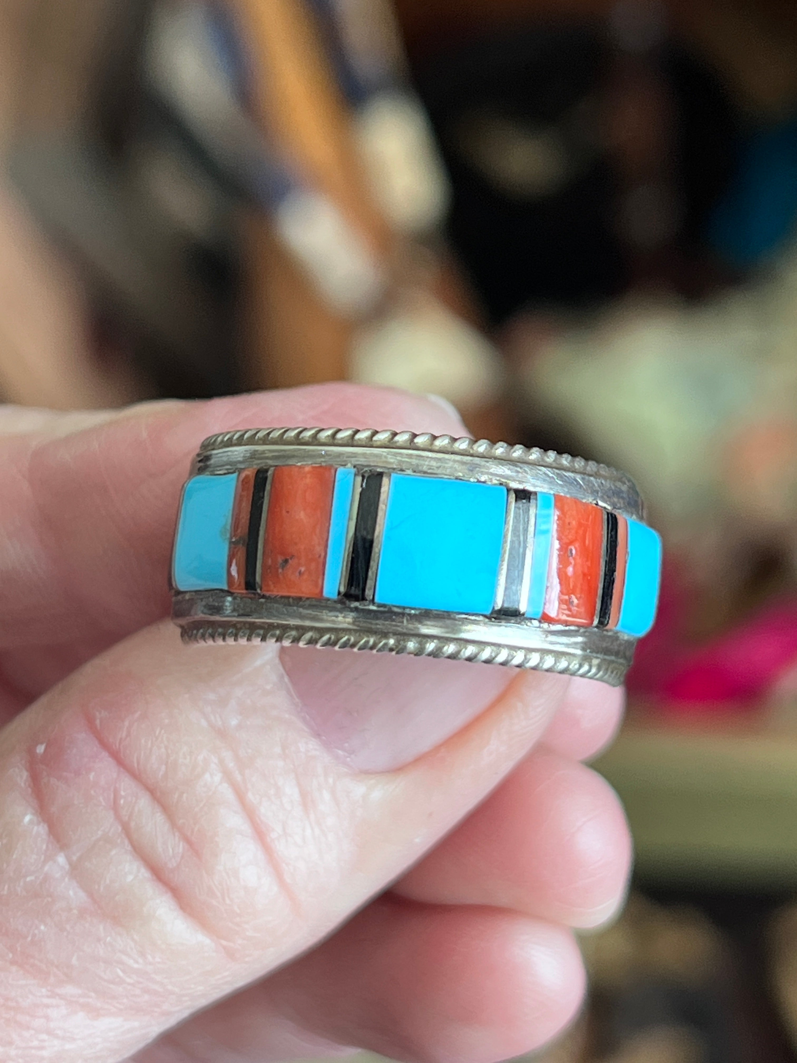 Old Pawn Sterling Silver, Turquoise, Onyx and Coral Raised Channel Inlay Ring by Deidre L Panteah