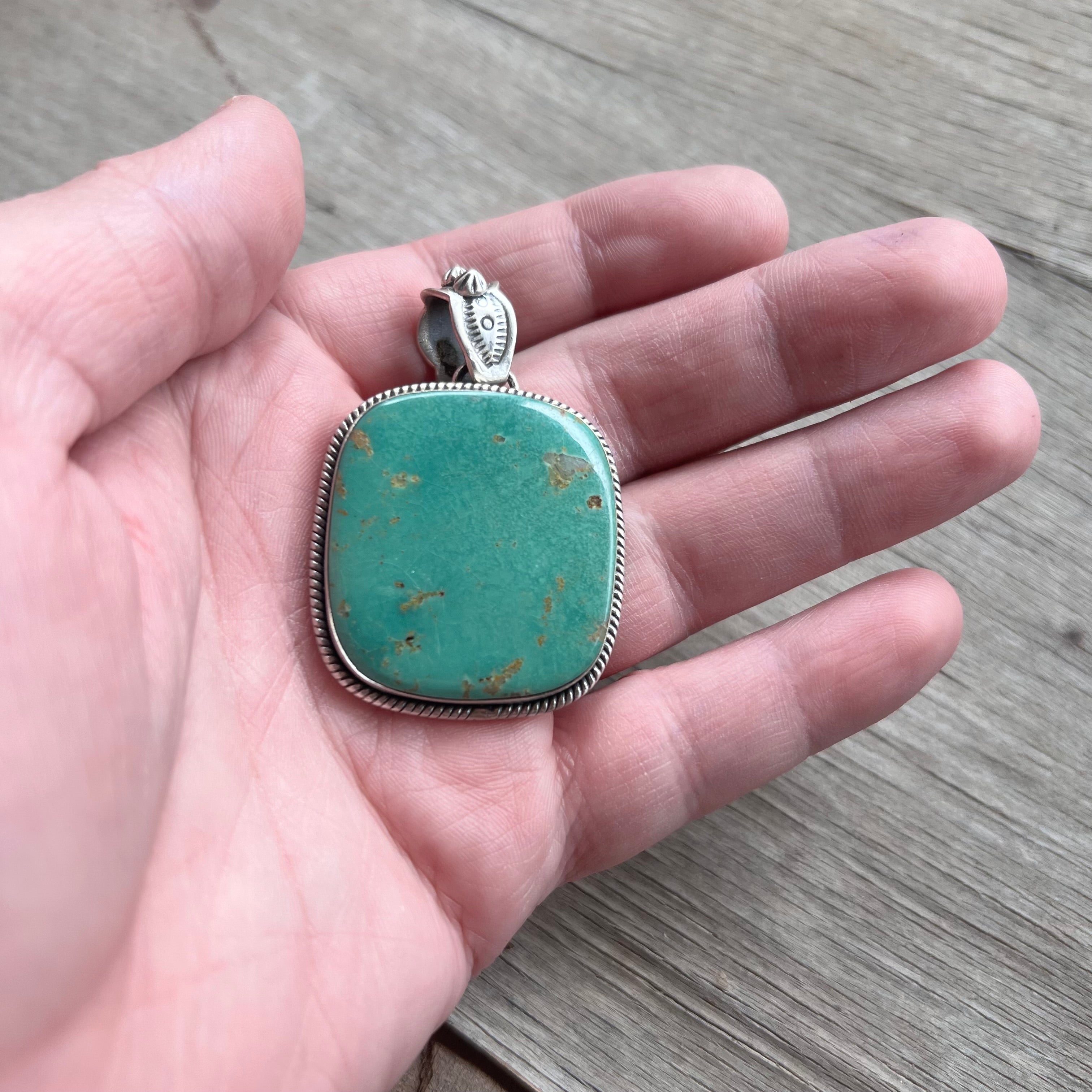 Handmade Green Turquoise Square Sterling Silver Pendant