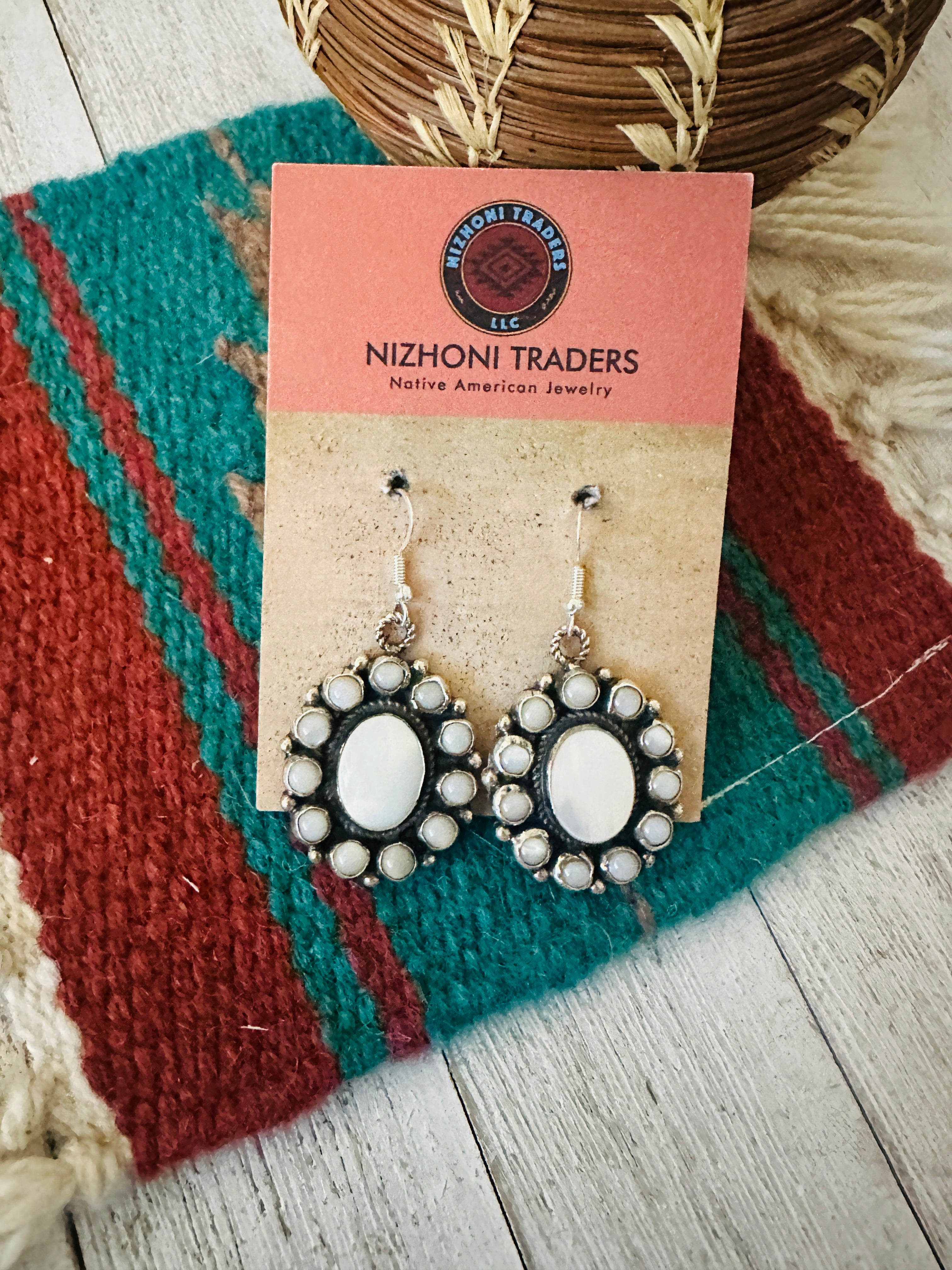 Navajo Mother of Pearl & Sterling Silver Cluster Dangle Earrings