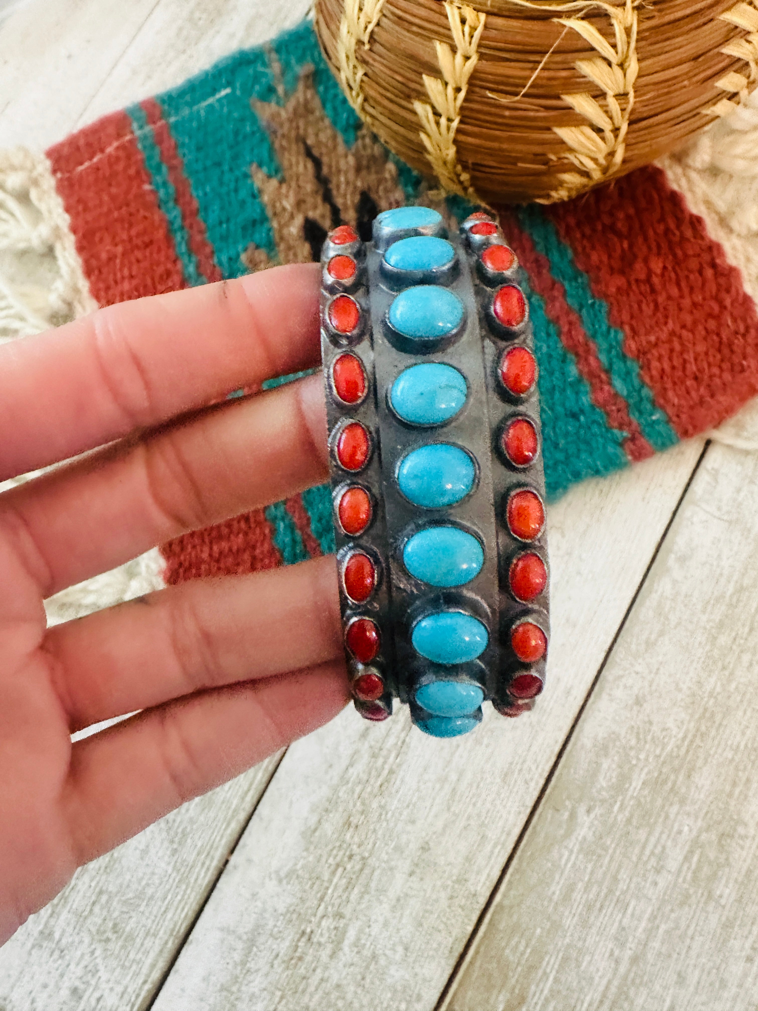 Handcrafted Turquoise, Coral & Sterling Silver Cuff Bracelet