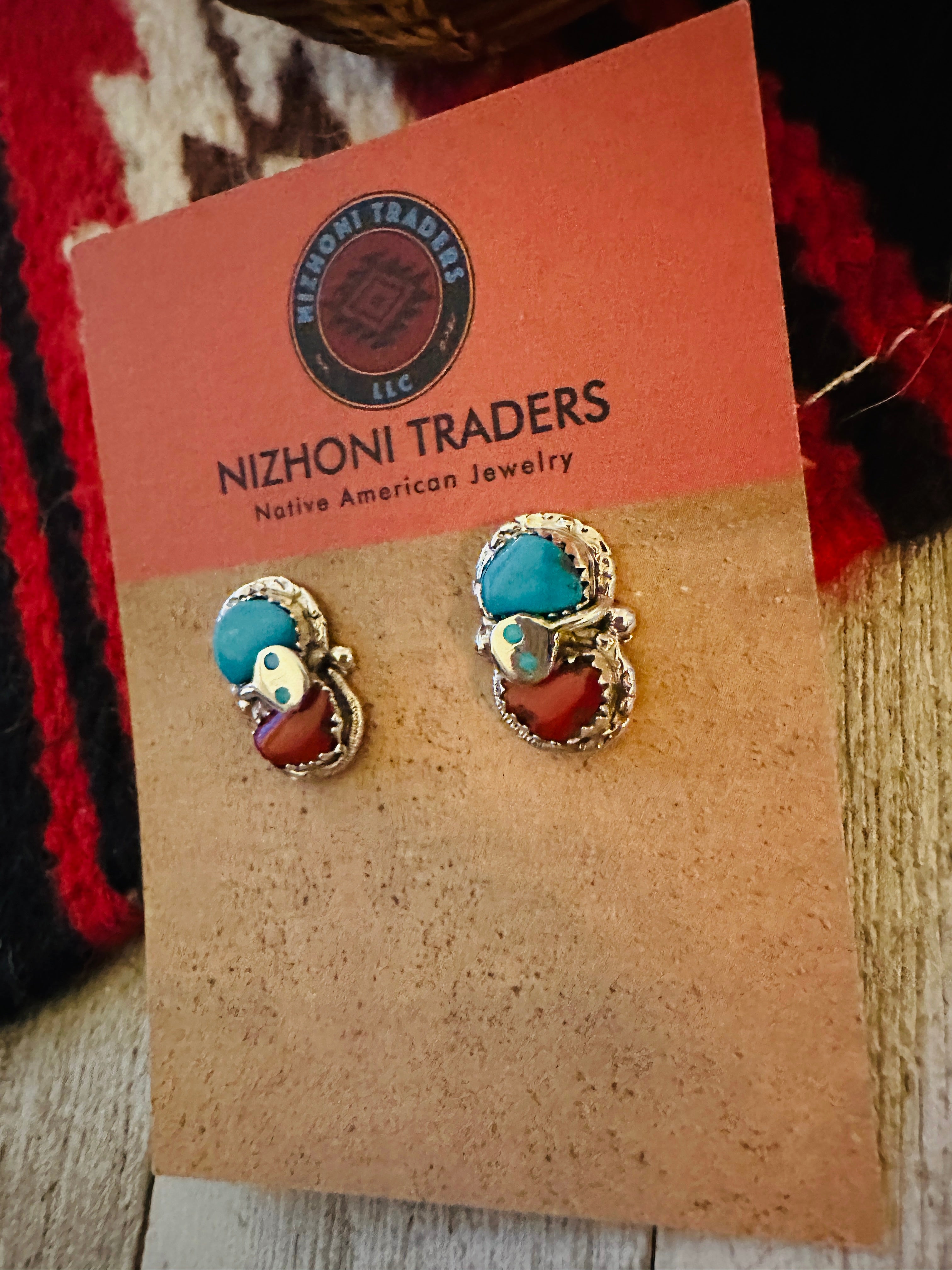 Zuni Sterling Silver, Turquoise & Coral Post Earrings by Effie Calavaza