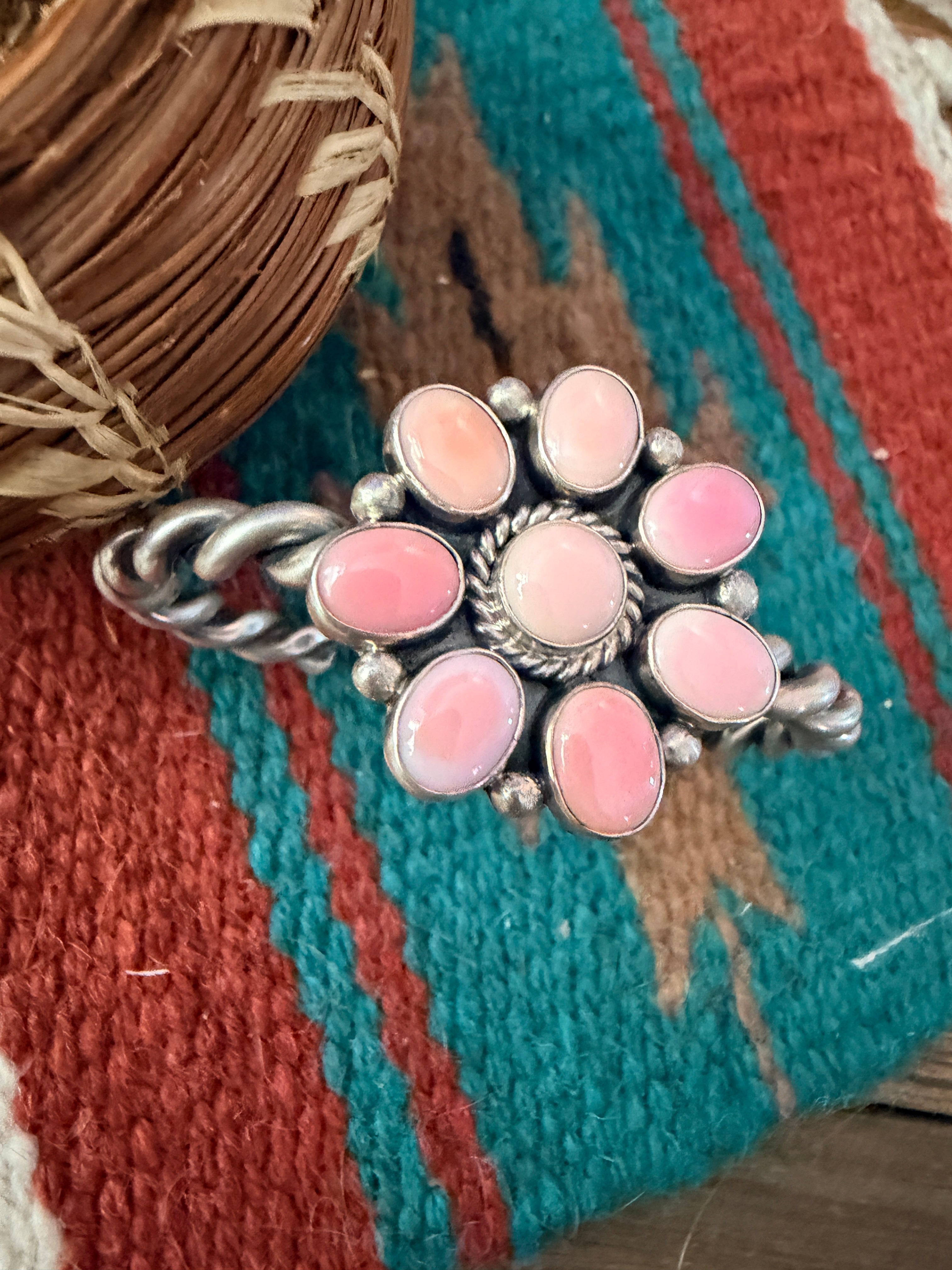 Handcrafted Old Pawn Sterling Silver & Queen Pink Conch Cluster Cuff Bracelet