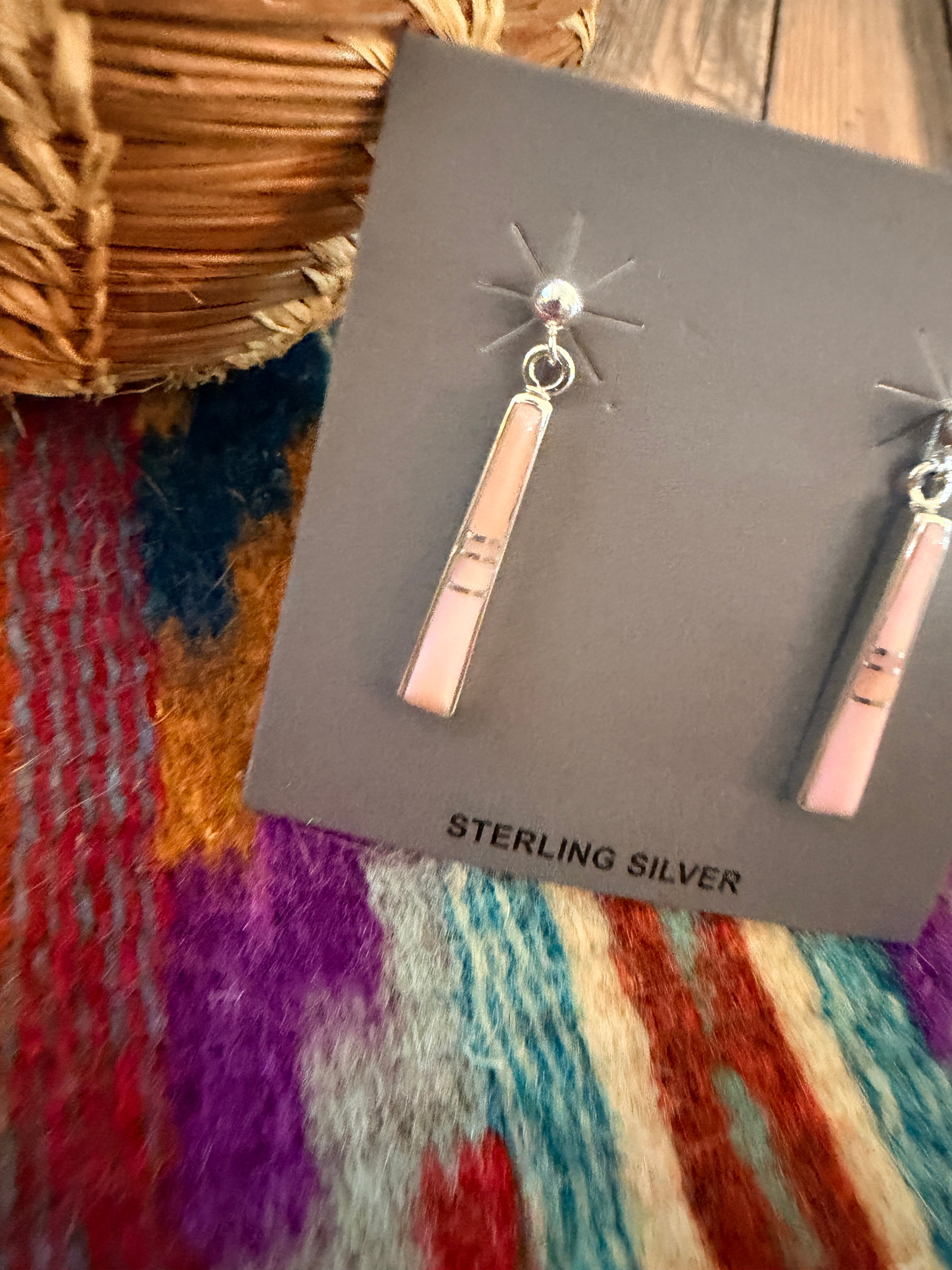 Handcrafted Queen Pink Conch & Sterling Silver Inlay Dangle Earrings by Rick Tolino