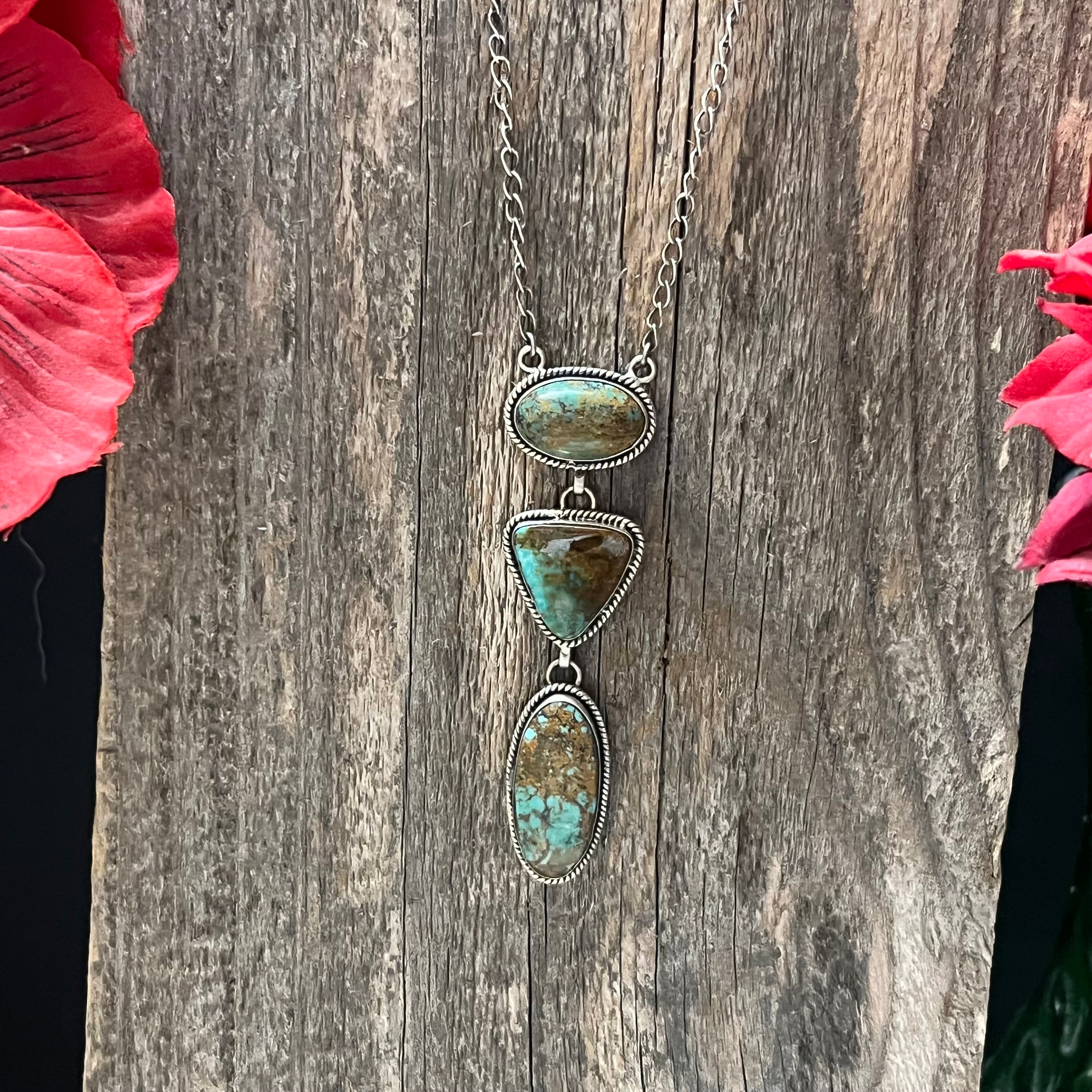 Handmade 3 Stone Turquoise & Sterling Silver Drop Necklace (09)