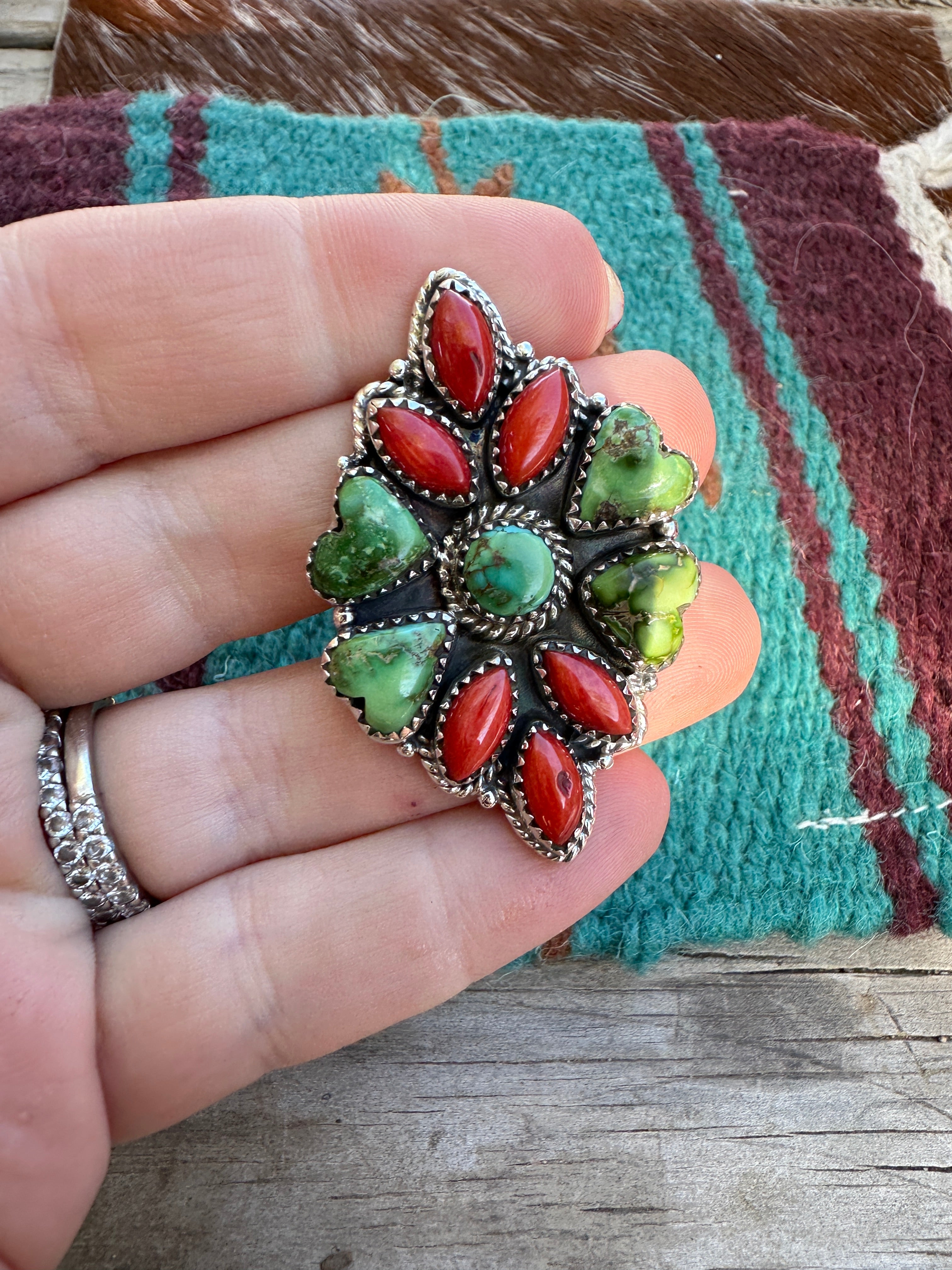 Beautiful Handmade Coral, Sonoran Turquoise And Sterling Silver Adjustable Heart Ring