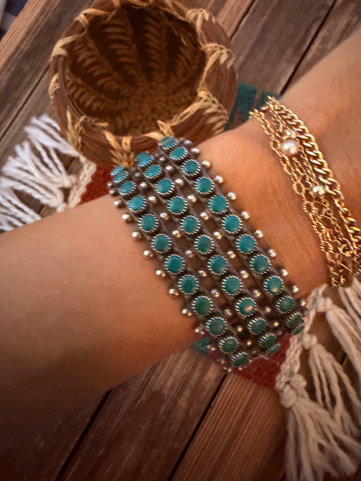 Handcrafted Old Pawn Sterling Silver & Turquoise Petit Point Cuff Bracelet