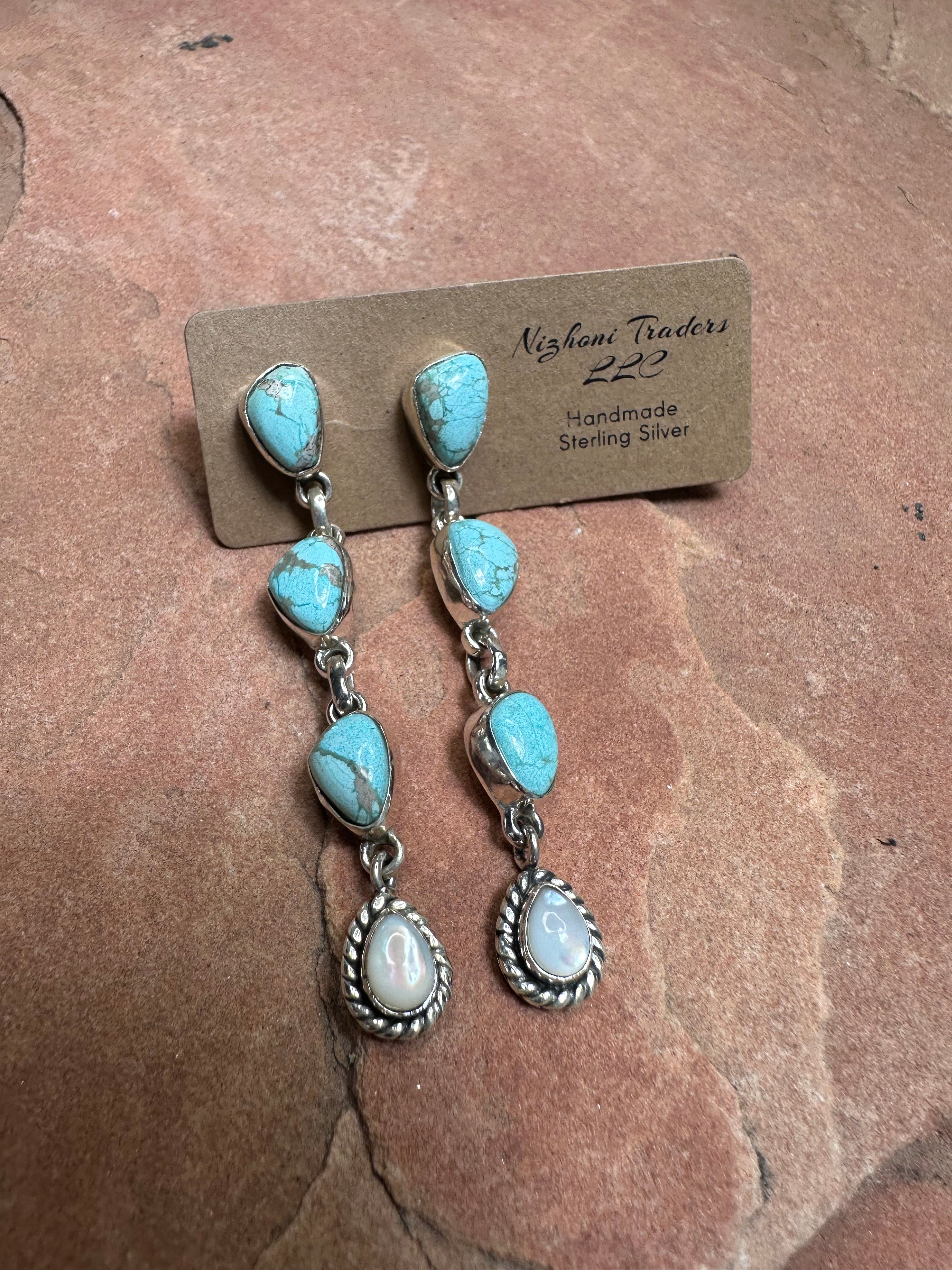 Handmade Turquoise, Mother of Pearl and Sterling Silver Dangle Earrings