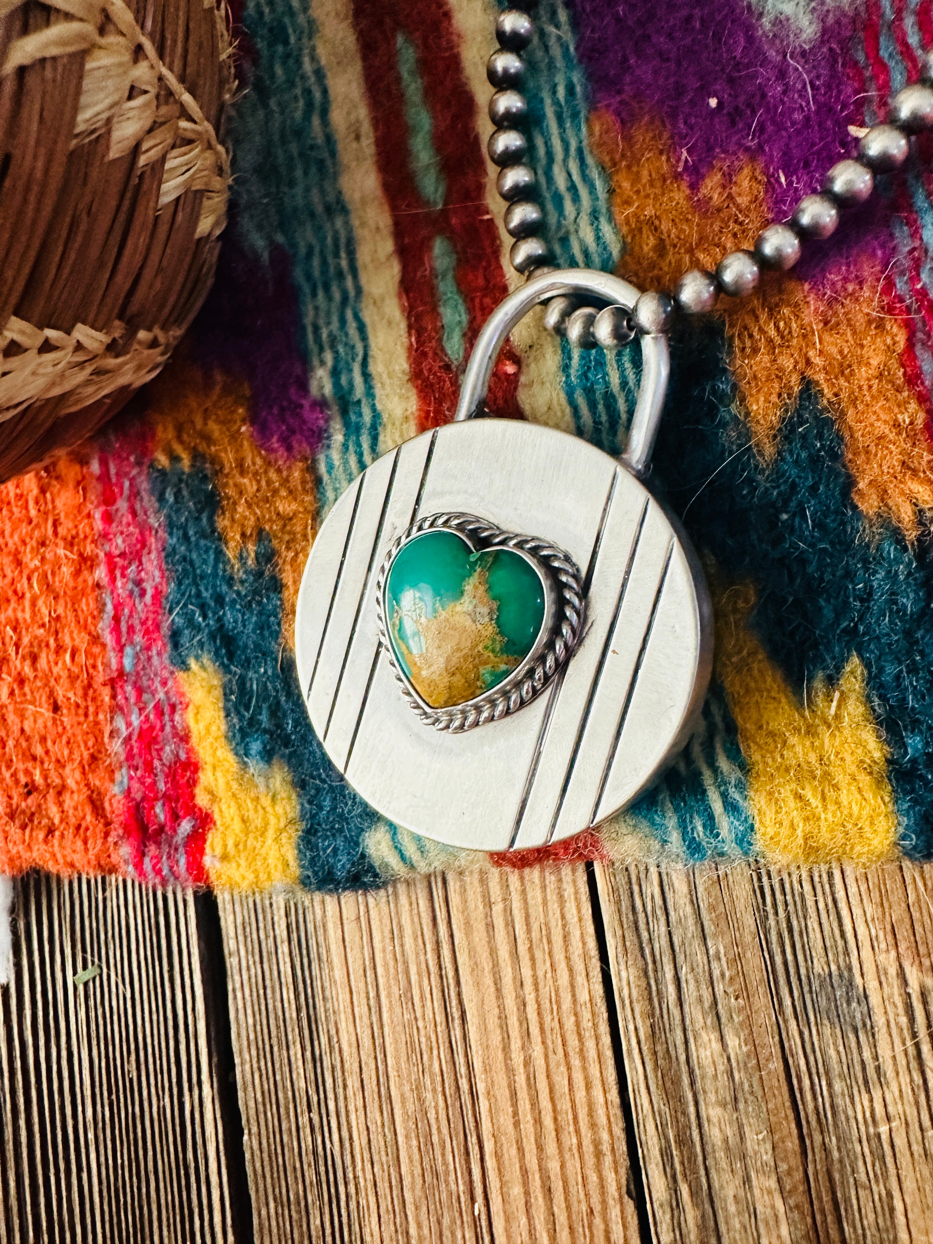 Handcrafted Turquoise & Sterling Silver Heart Locket Style Pendant by Charles Johnson