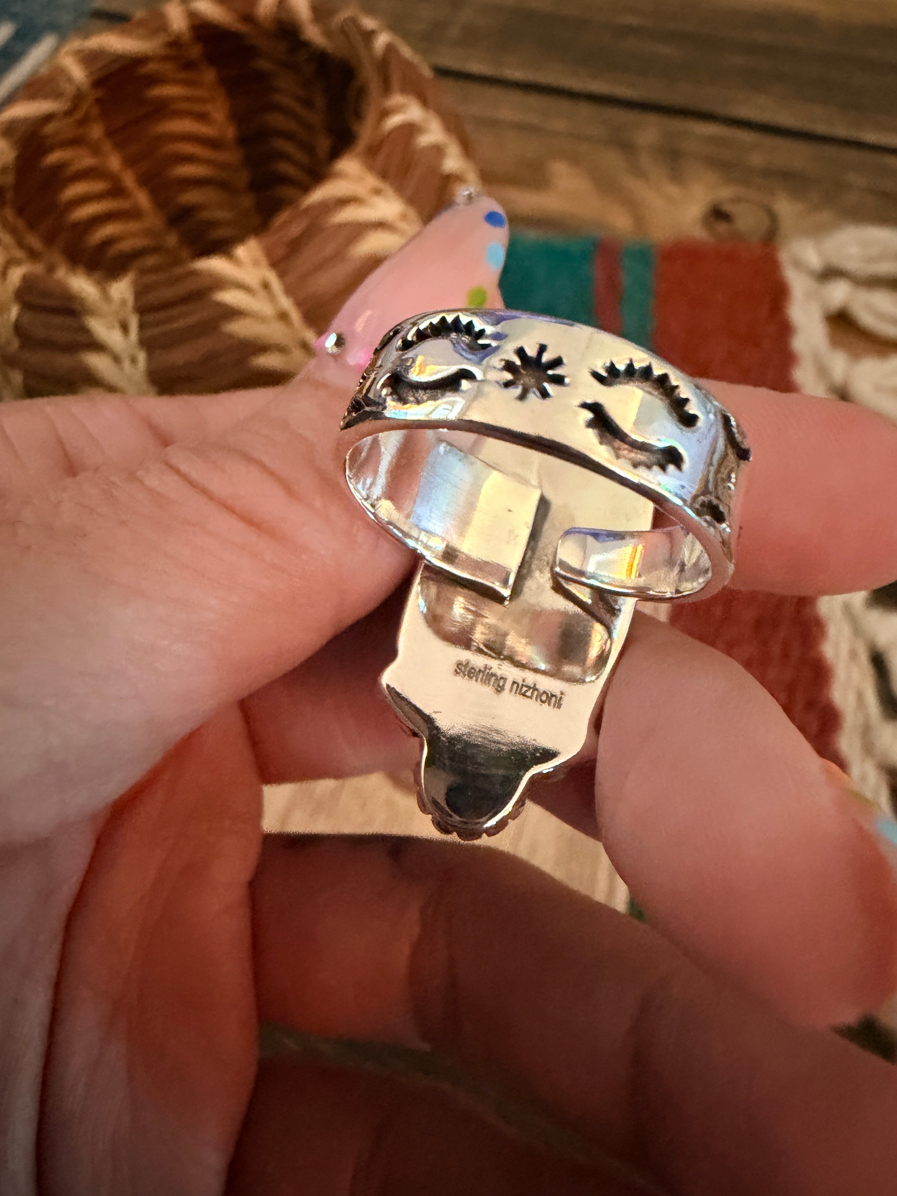Handmade Sterling Silver Number 8 Turquoise Adjustable Ring Signed Nizhoni