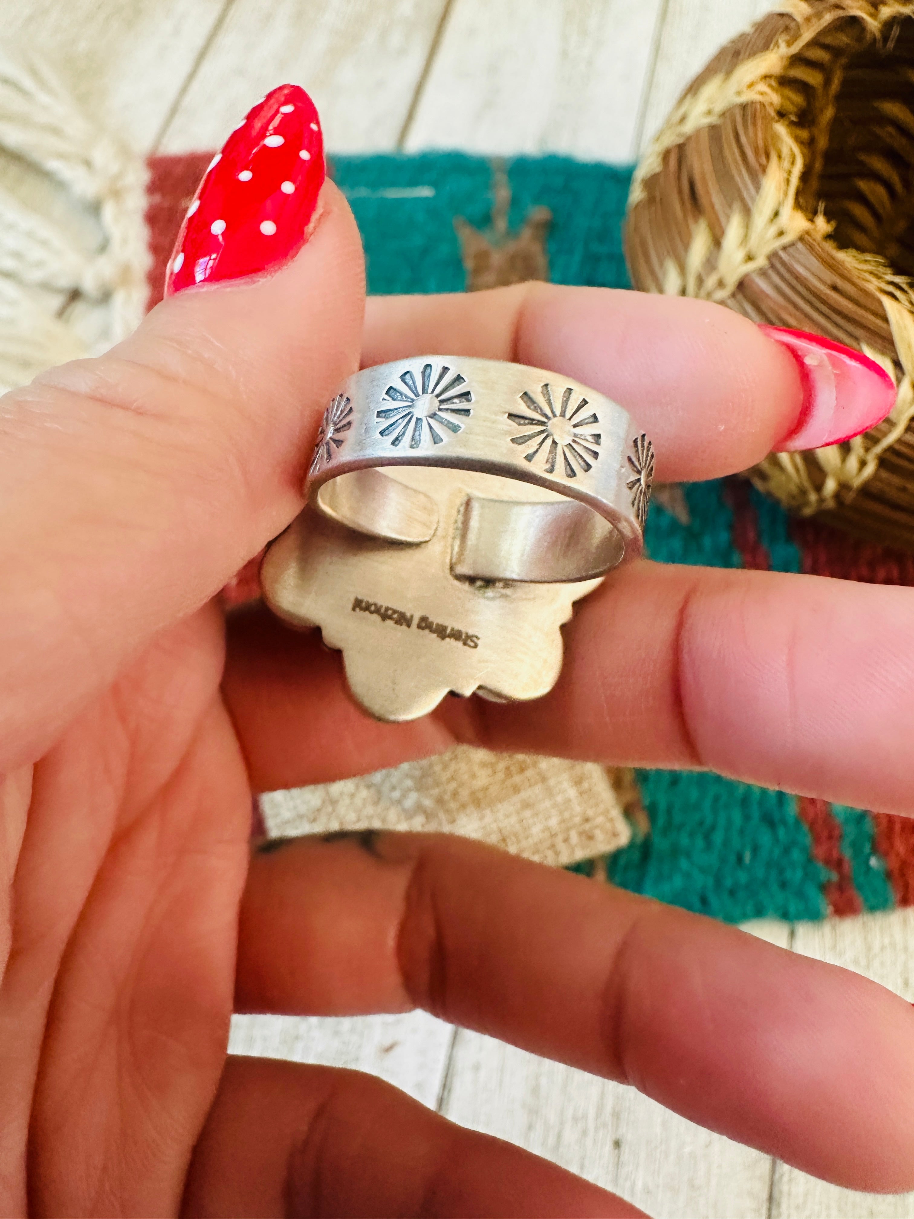 ** Christmas Collection ** Handmade Sterling Silver, Turquoise & Coral Adjustable Ring Signed Nizhoni