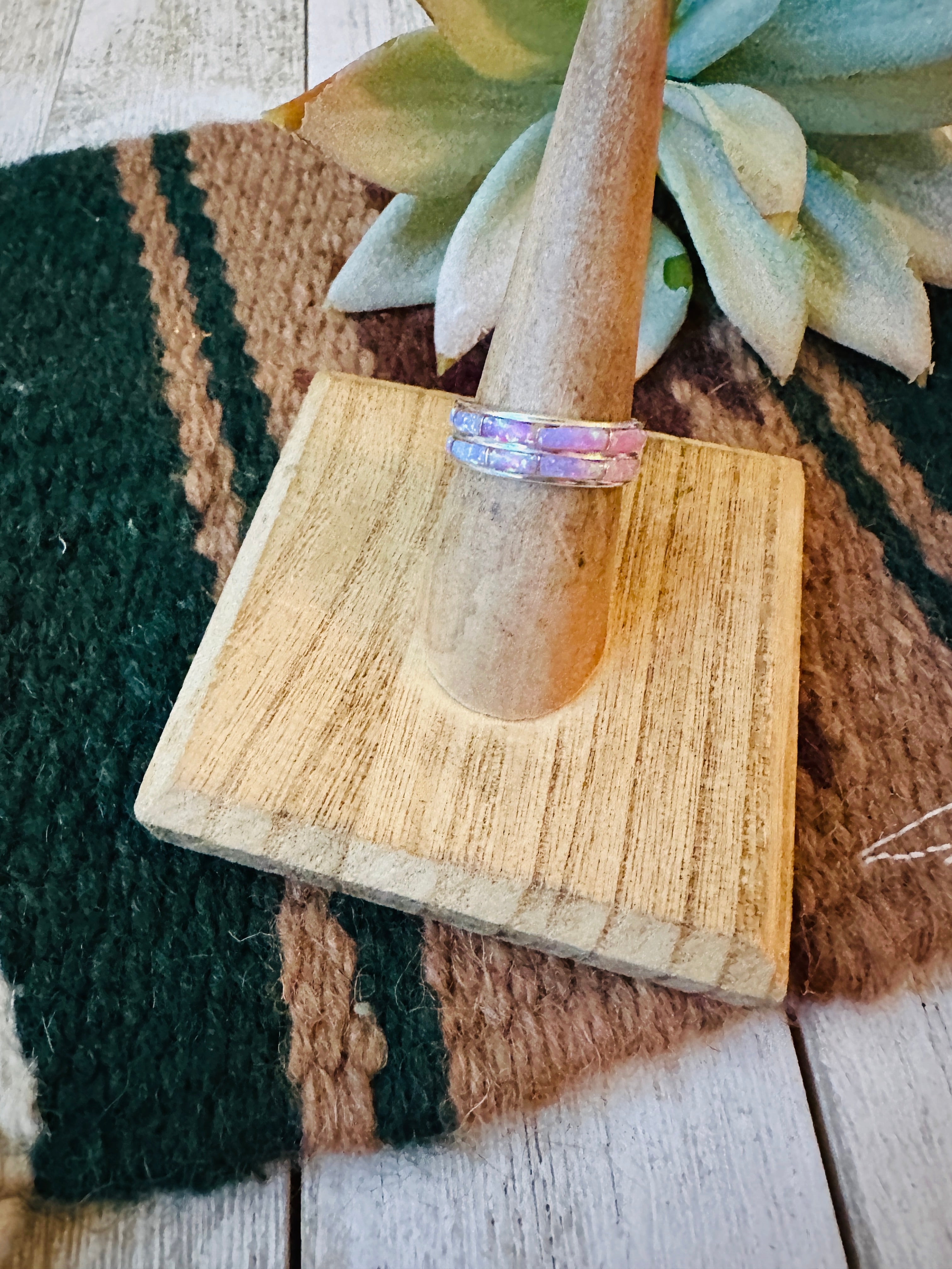 Zuni Light Pink Double Opal & Sterling Silver Inlay Band Ring