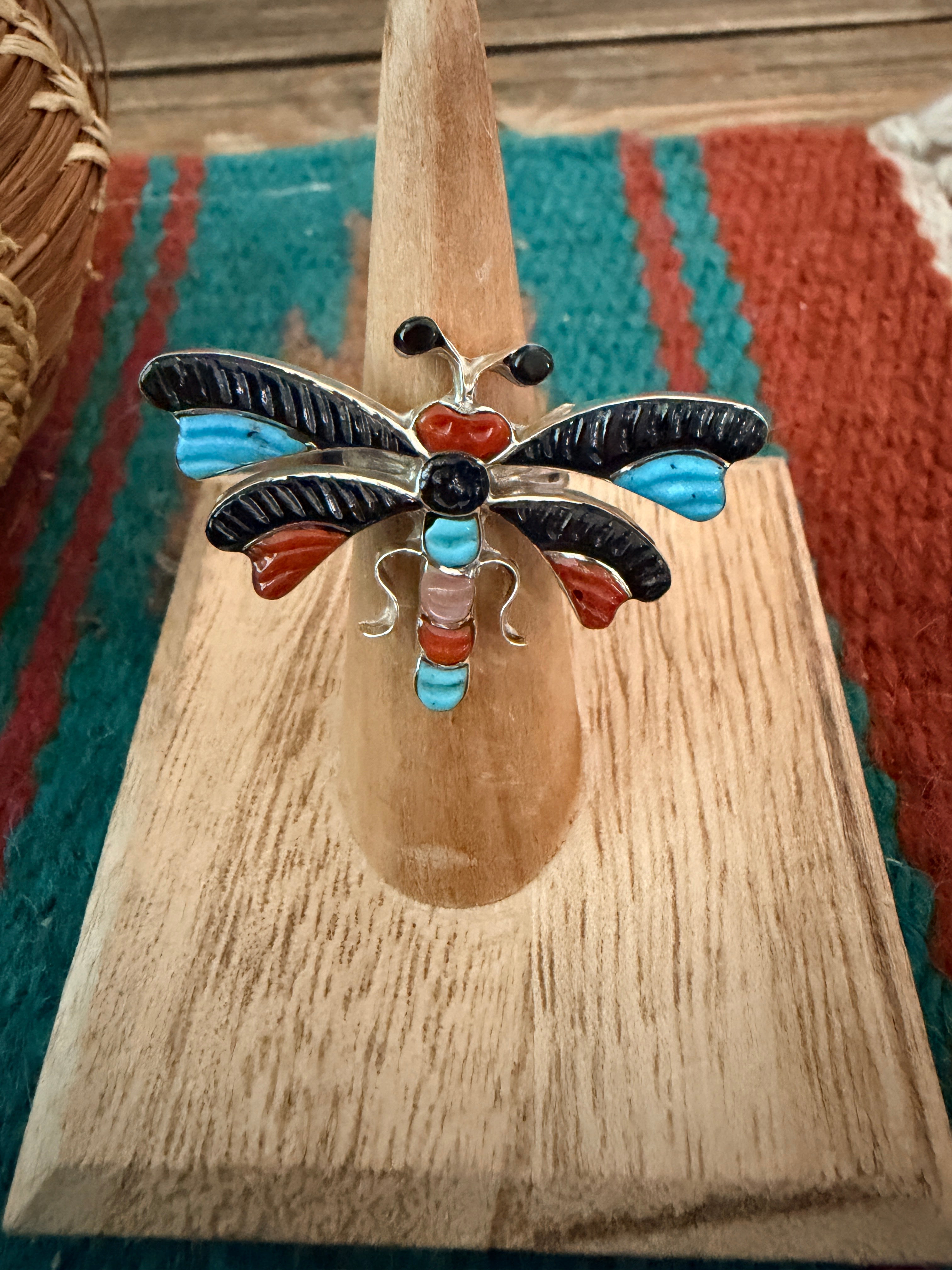 Old Pawn Handcrafted Multi Stone & Sterling Silver Dragonfly Ring Size 5
