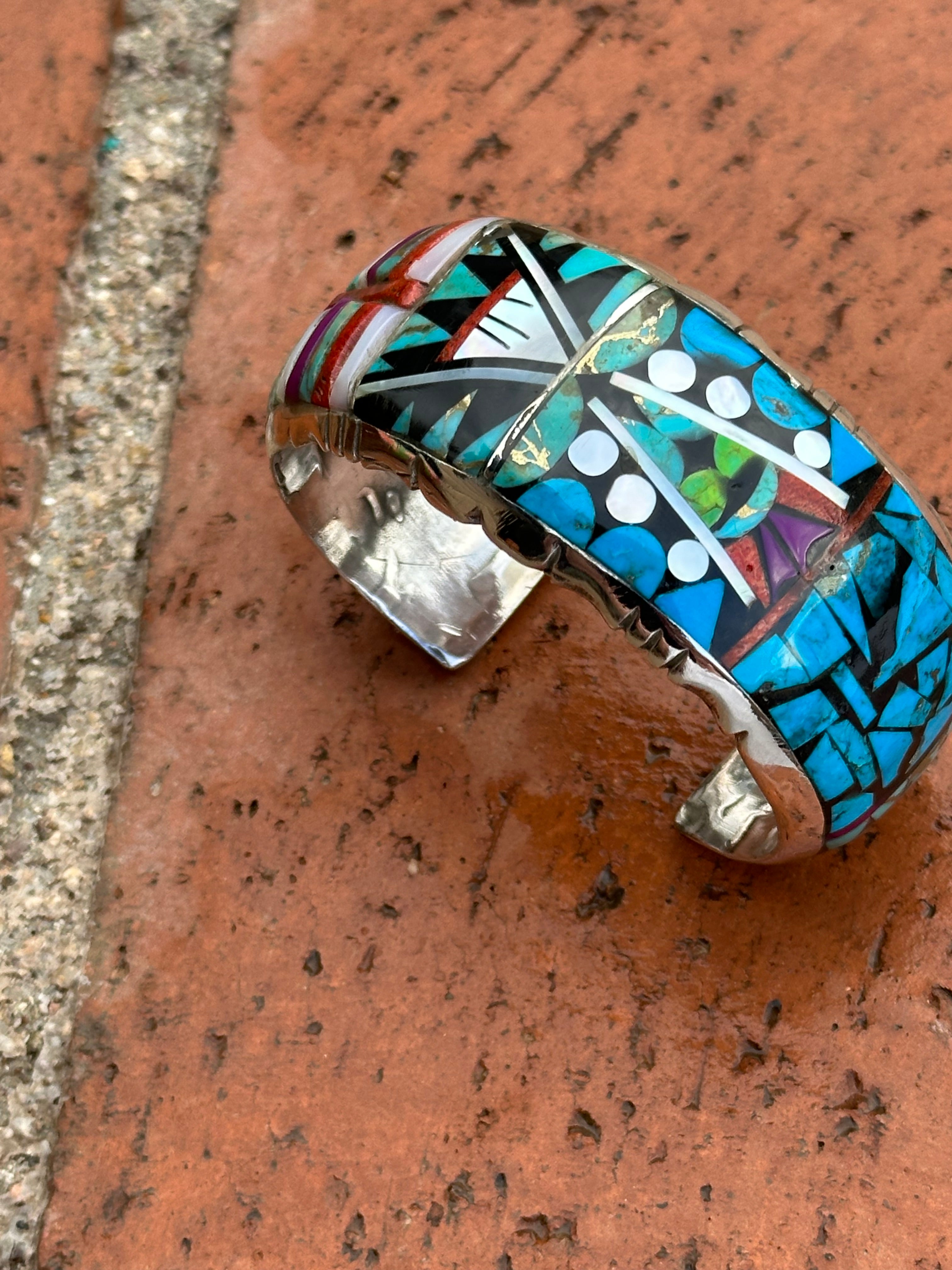 Handmade Sterling Silver Multi Stone Mosaic  Inlay Cuff