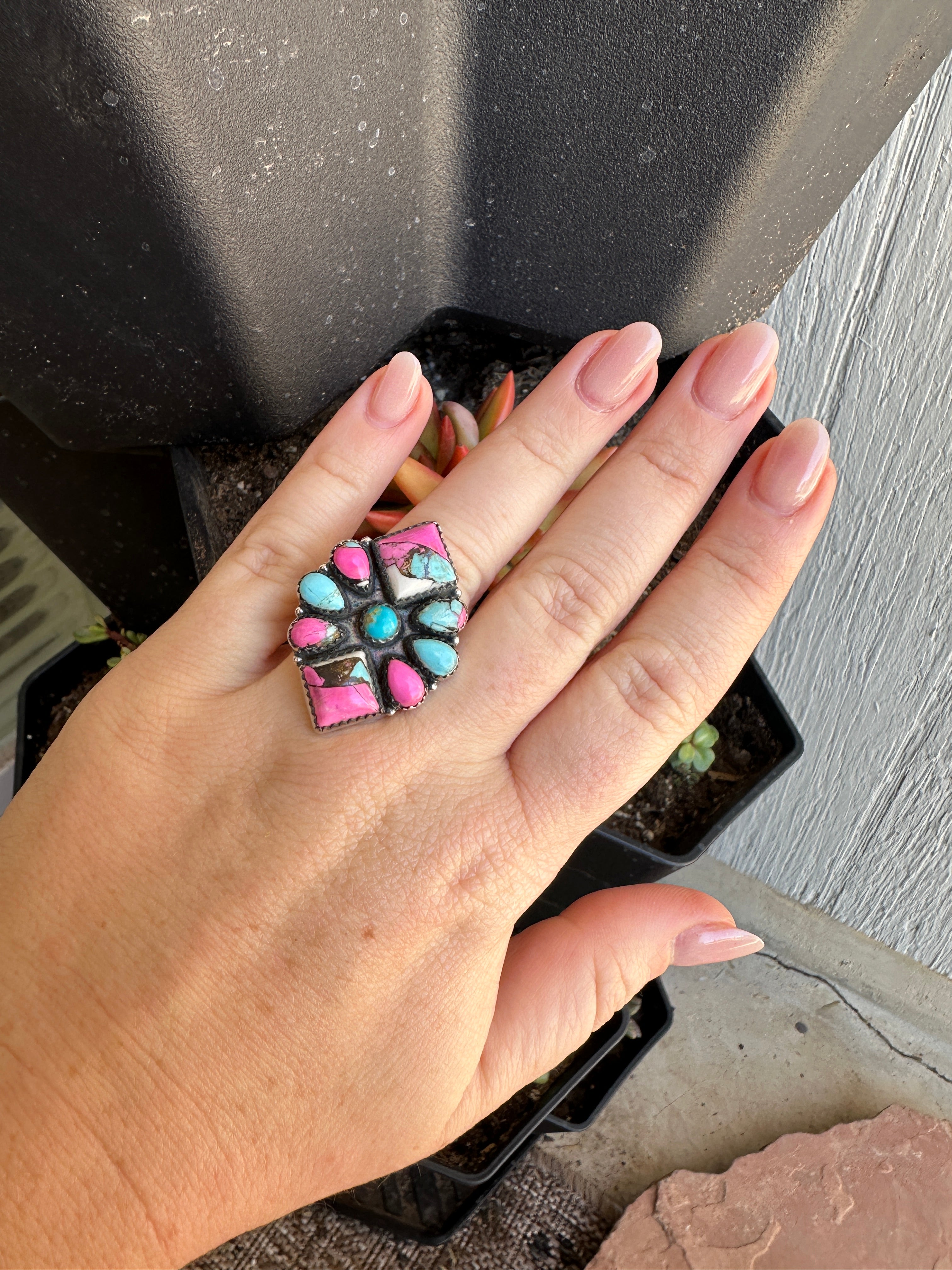 Handmade Cotton Candy Sterling Adjustable Cluster Ring