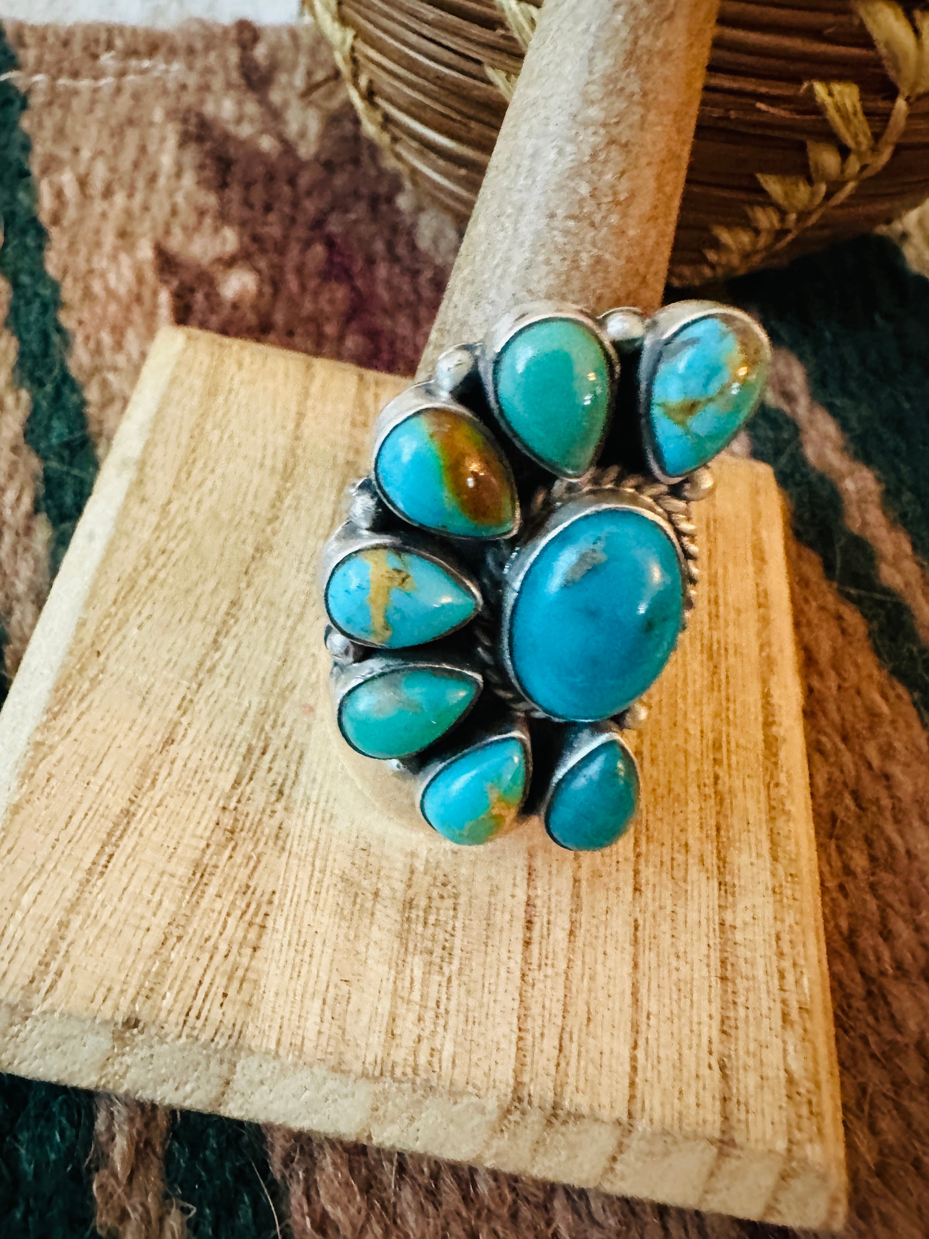 Navajo Turquoise & Sterling Silver Cluster Adjustable Ring