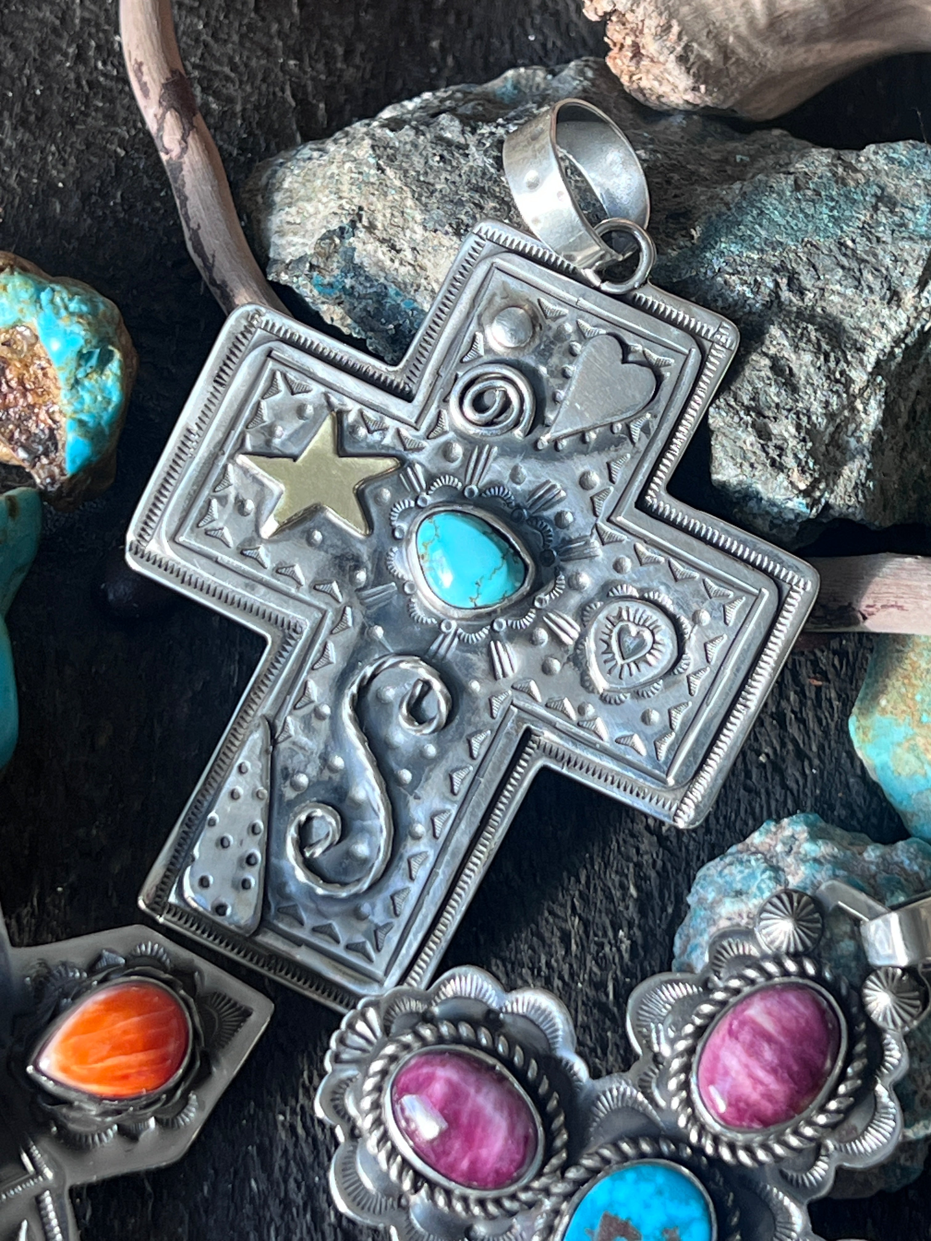 Hand Stamped Sterling Silver & Turquoise Cross Pendant by Kimari Somer