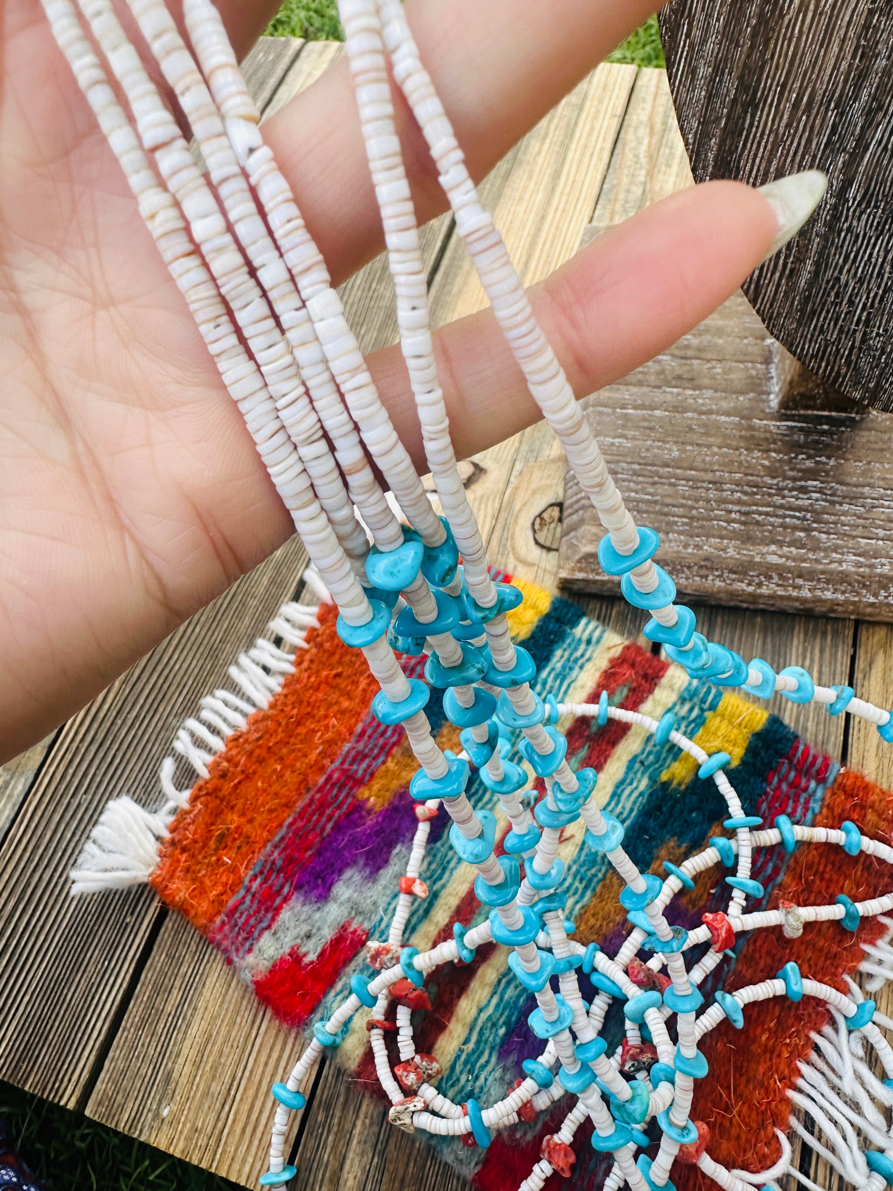 Old Pawn Handcrafted Turquoise, Coral & Heishi  Beaded 36” Necklace