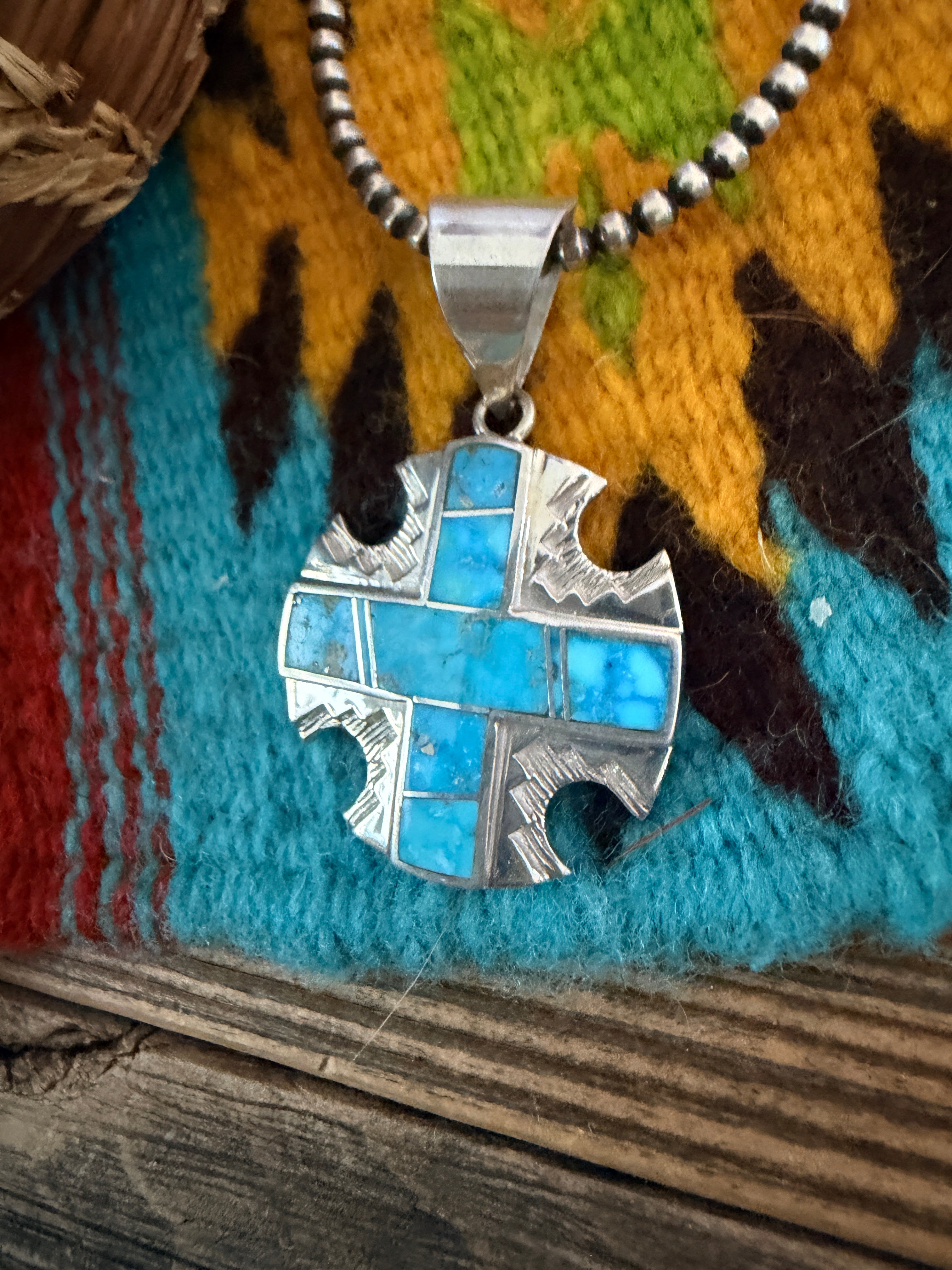 Old Pawn Handcrafted Turquoise and Sterling Silver Cross Pendant