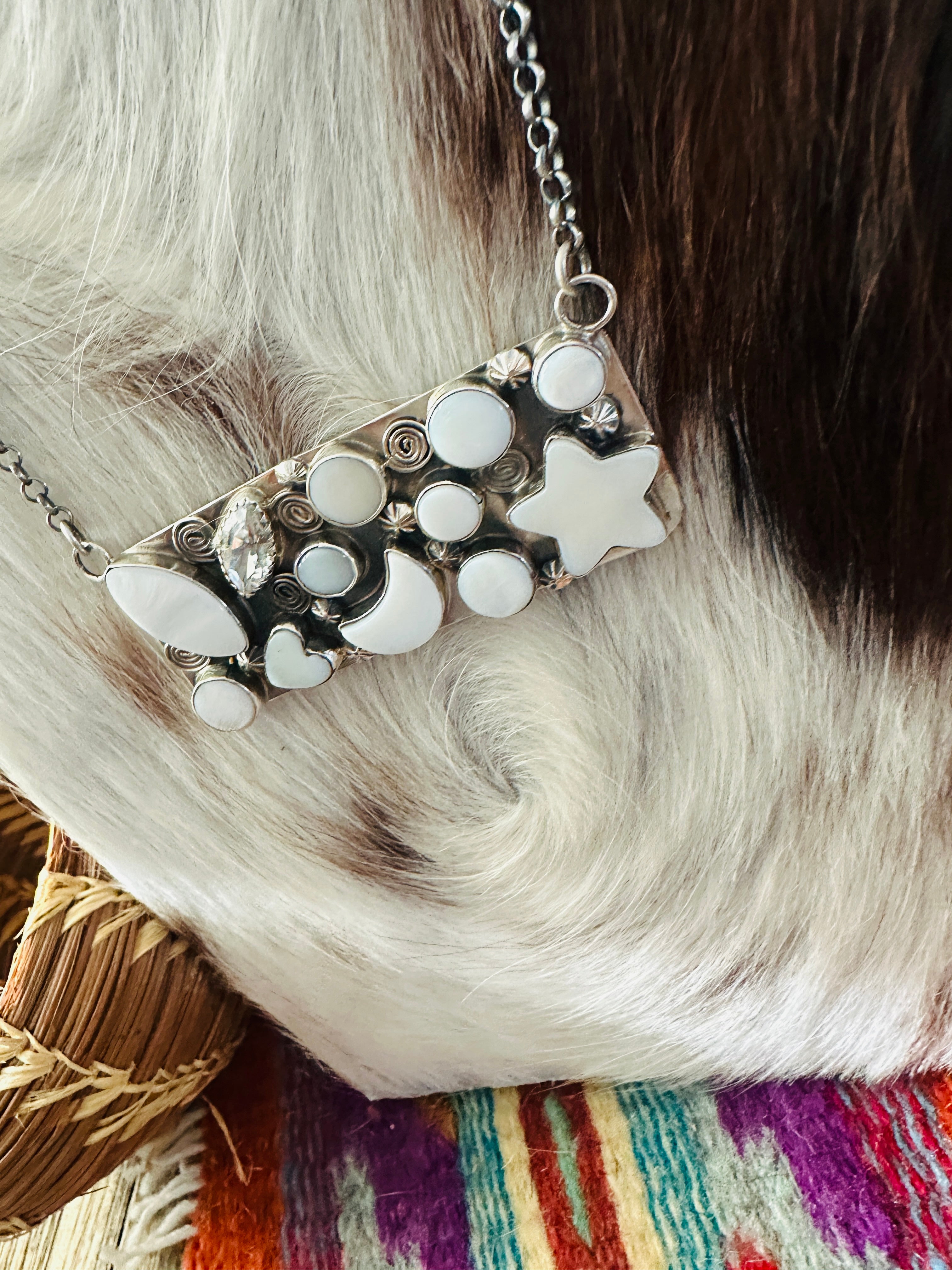 Handcrafted Mother of Pearl, CZ & Sterling Silver Bar Necklace by Jacqueline Silver