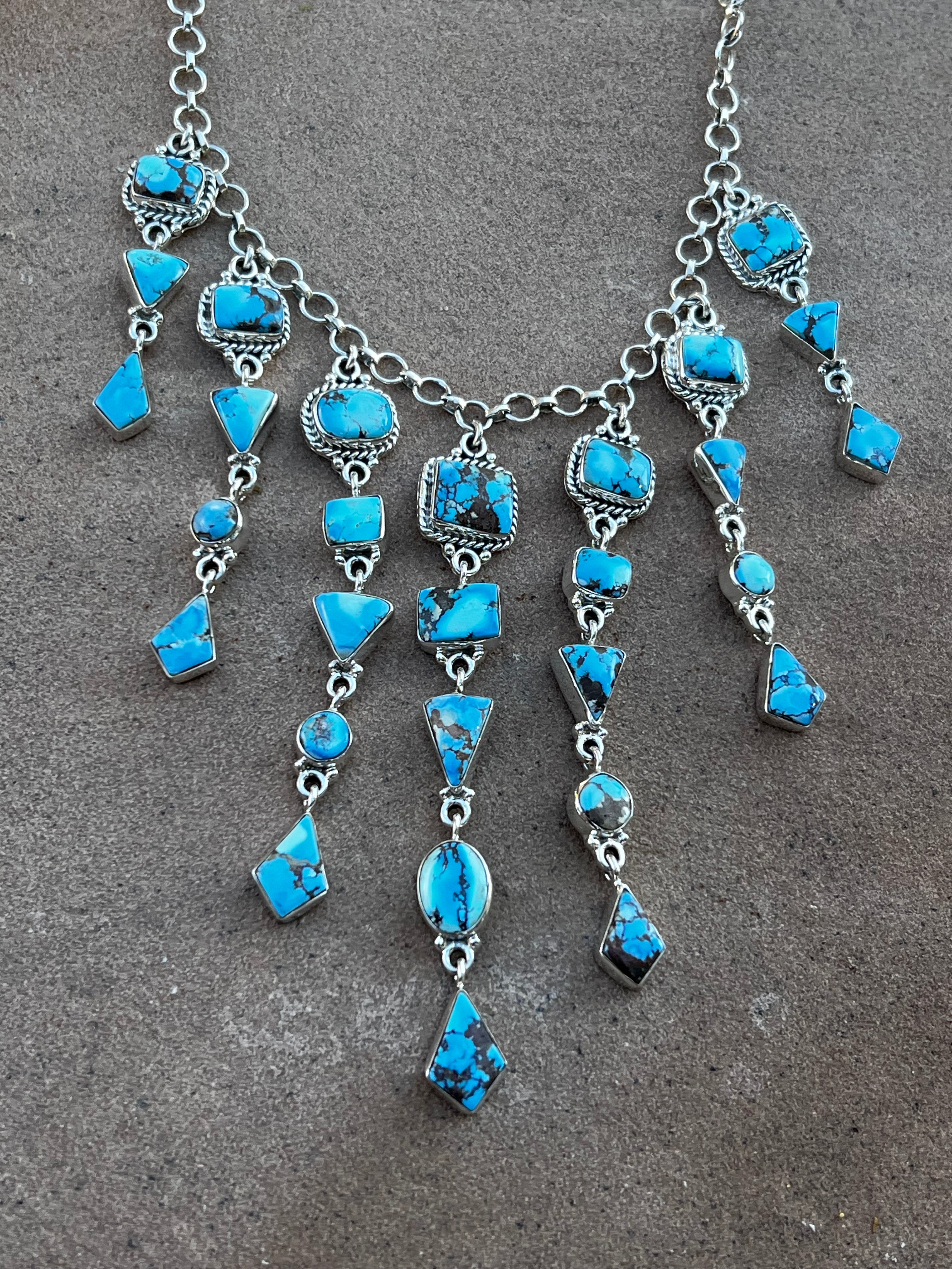 Handmade Golden Hills Turquoise & Sterling Silver Chandelier Necklace