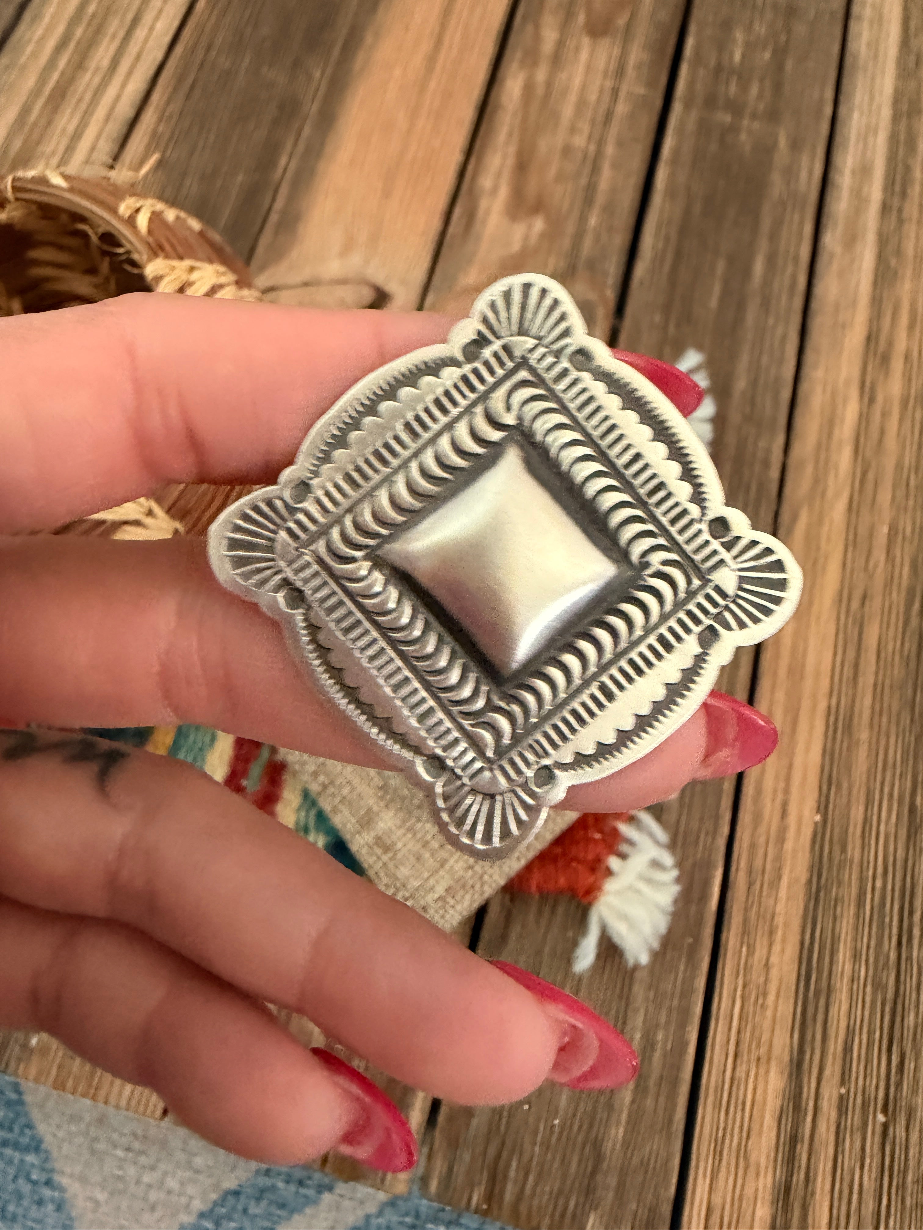 Handcrafted Sterling Silver Adjustable Concho Ring by Leander Tahe