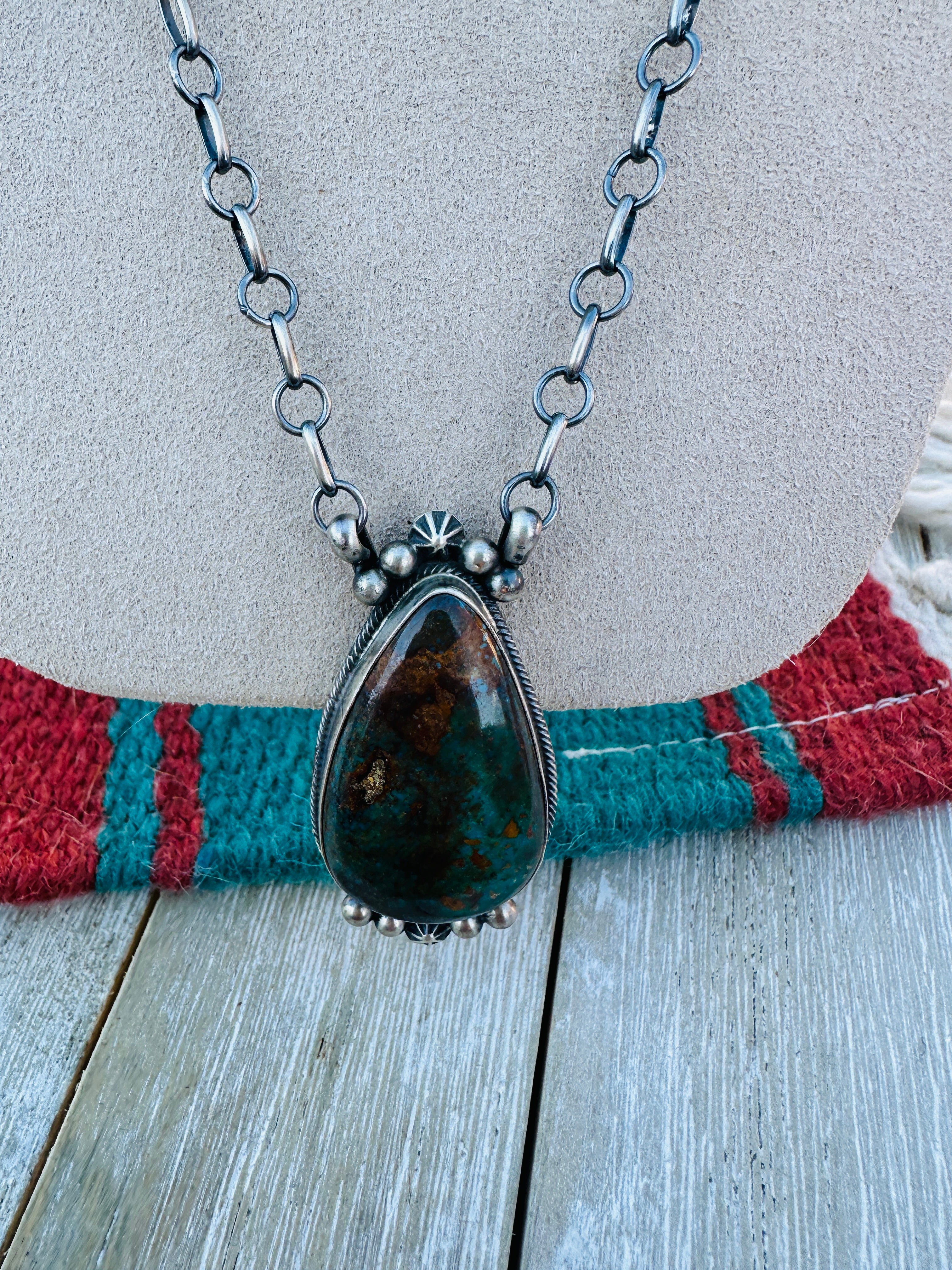 Handcrafted Sterling Silver 18” Link Chain & Royston Turquoise Necklace