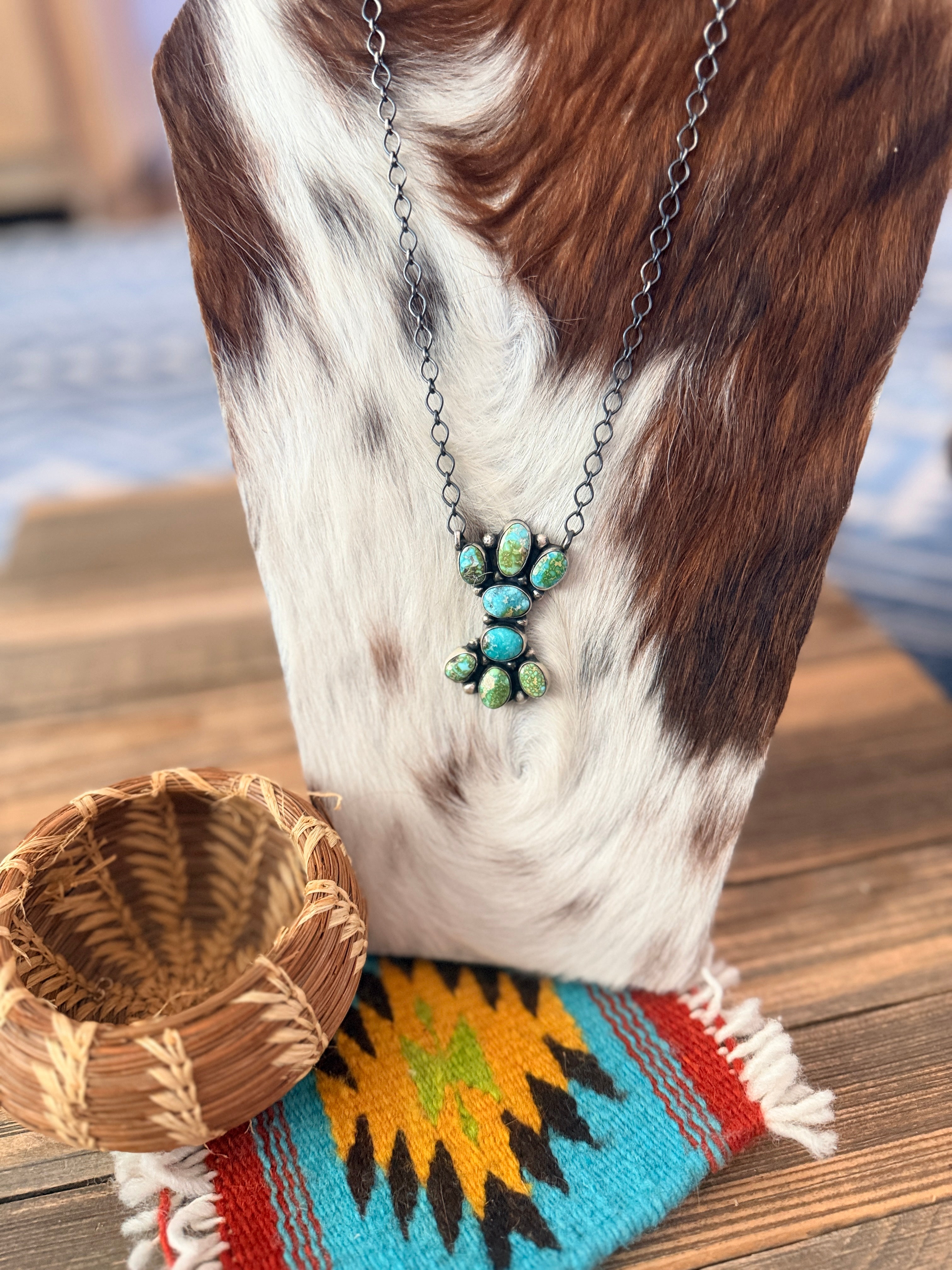 Handcrafted Sonoran Mountain Turquoise & Sterling Silver Cluster Necklace by Sheila Becenti