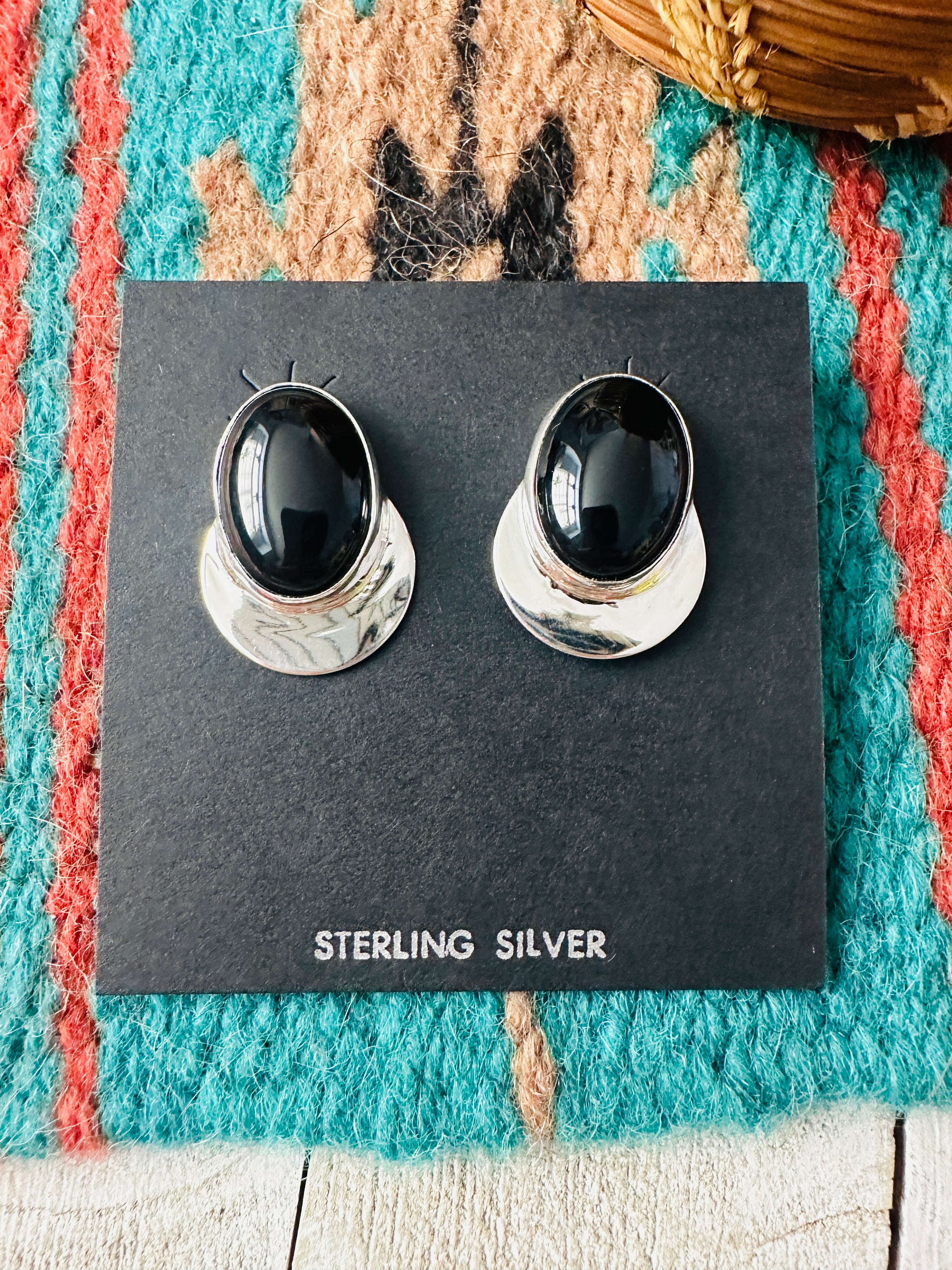 Navajo Onyx & Sterling Silver Post Earrings