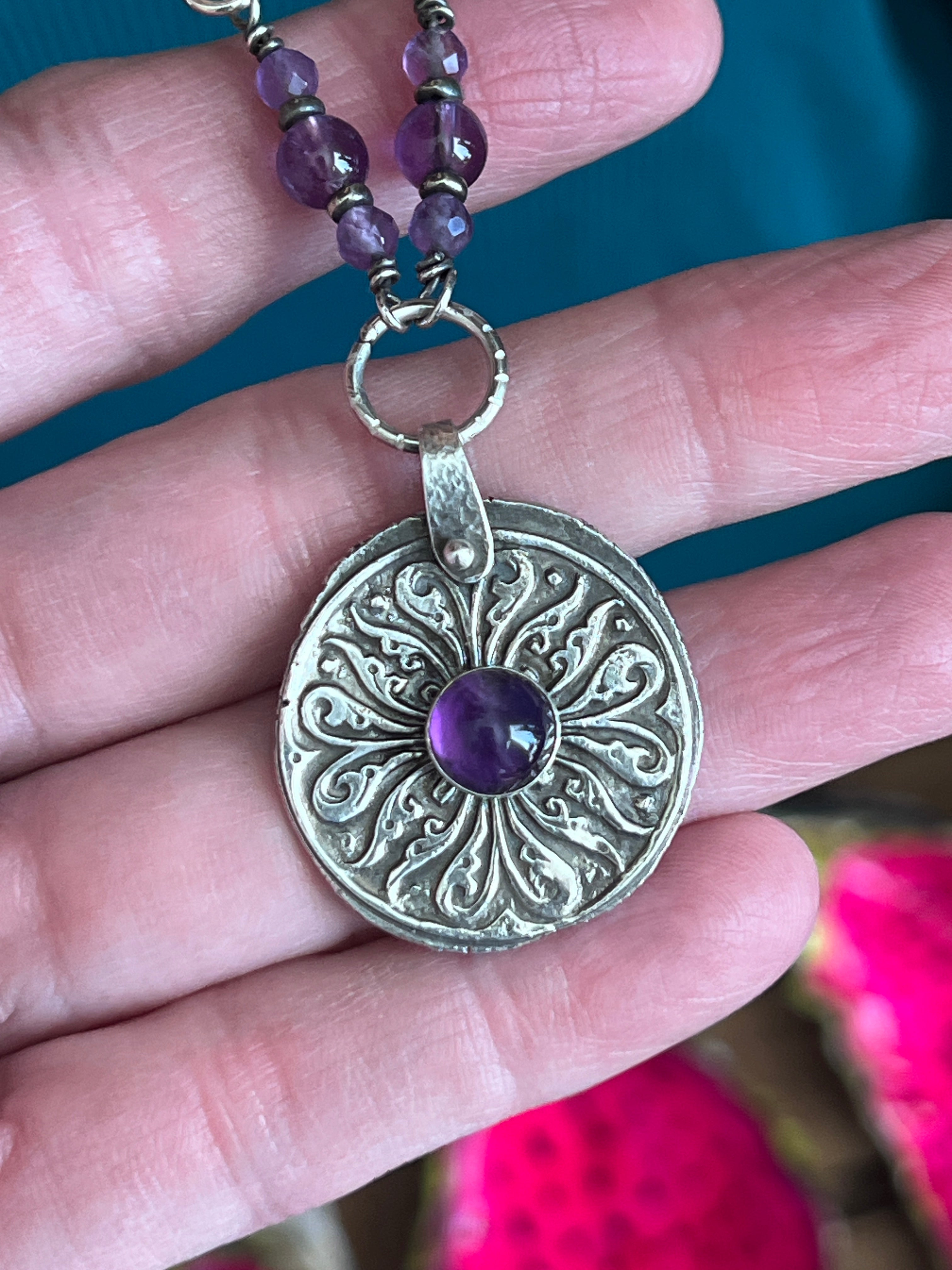 Tularosa Rosary Style Sterling Silver and Amethyst Relic Coin Necklace