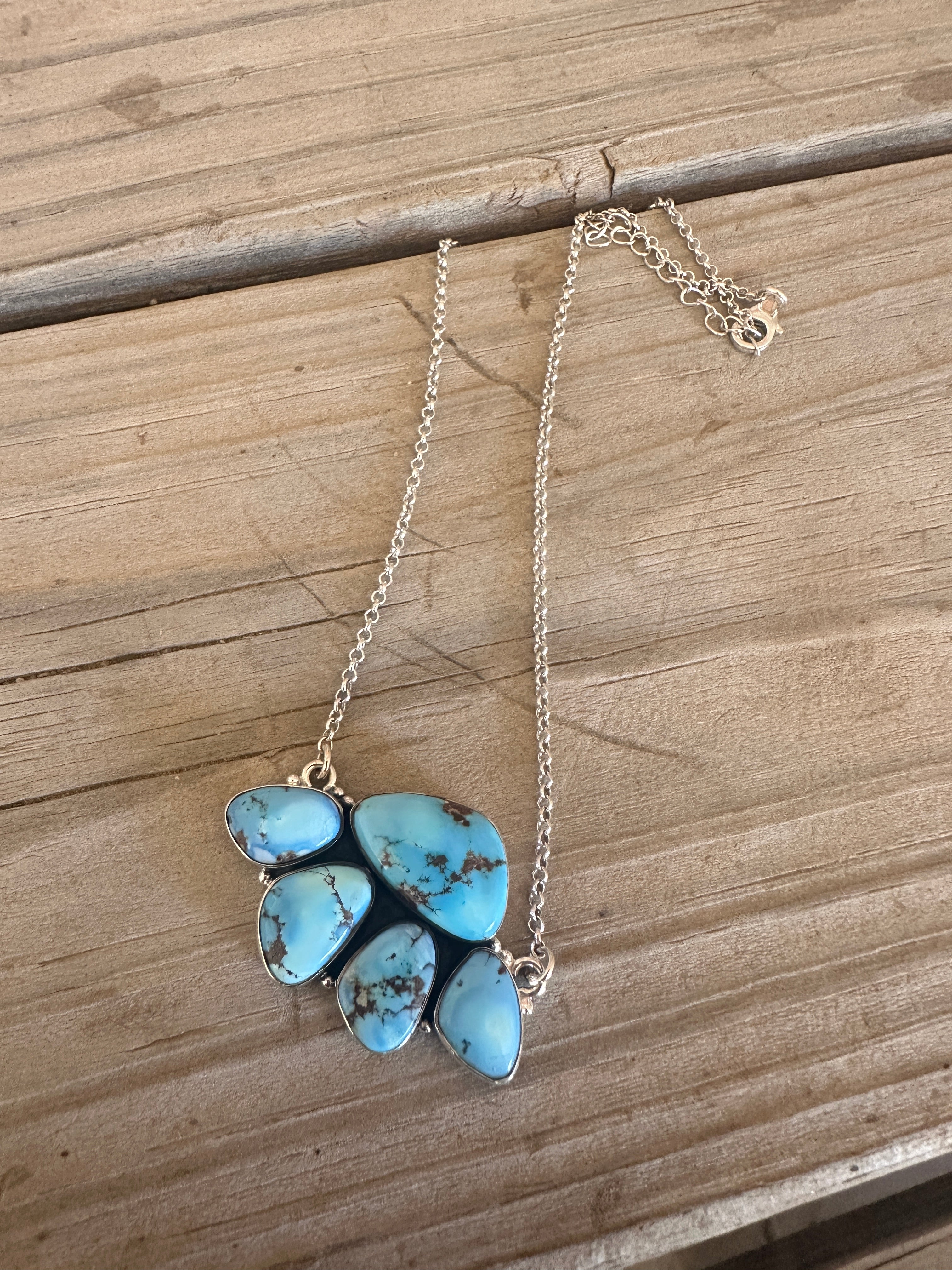 Beautiful Handmade Sterling Silver & Golden Hills Turquoise 5 Stone Cluster Necklace