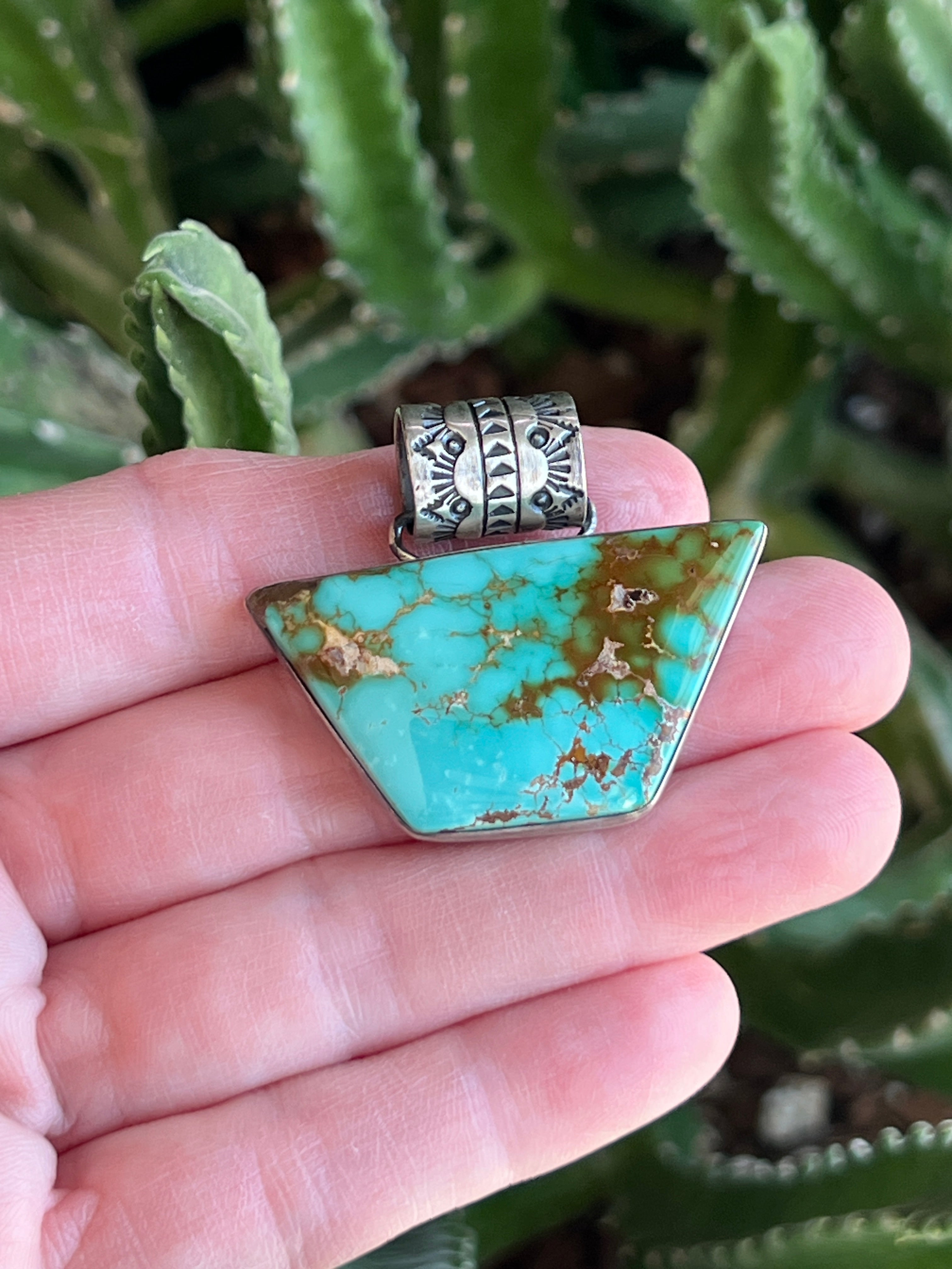 Handcrafted Sterling Silver and Royston Turquoise Solo Pendant by Angela Martin