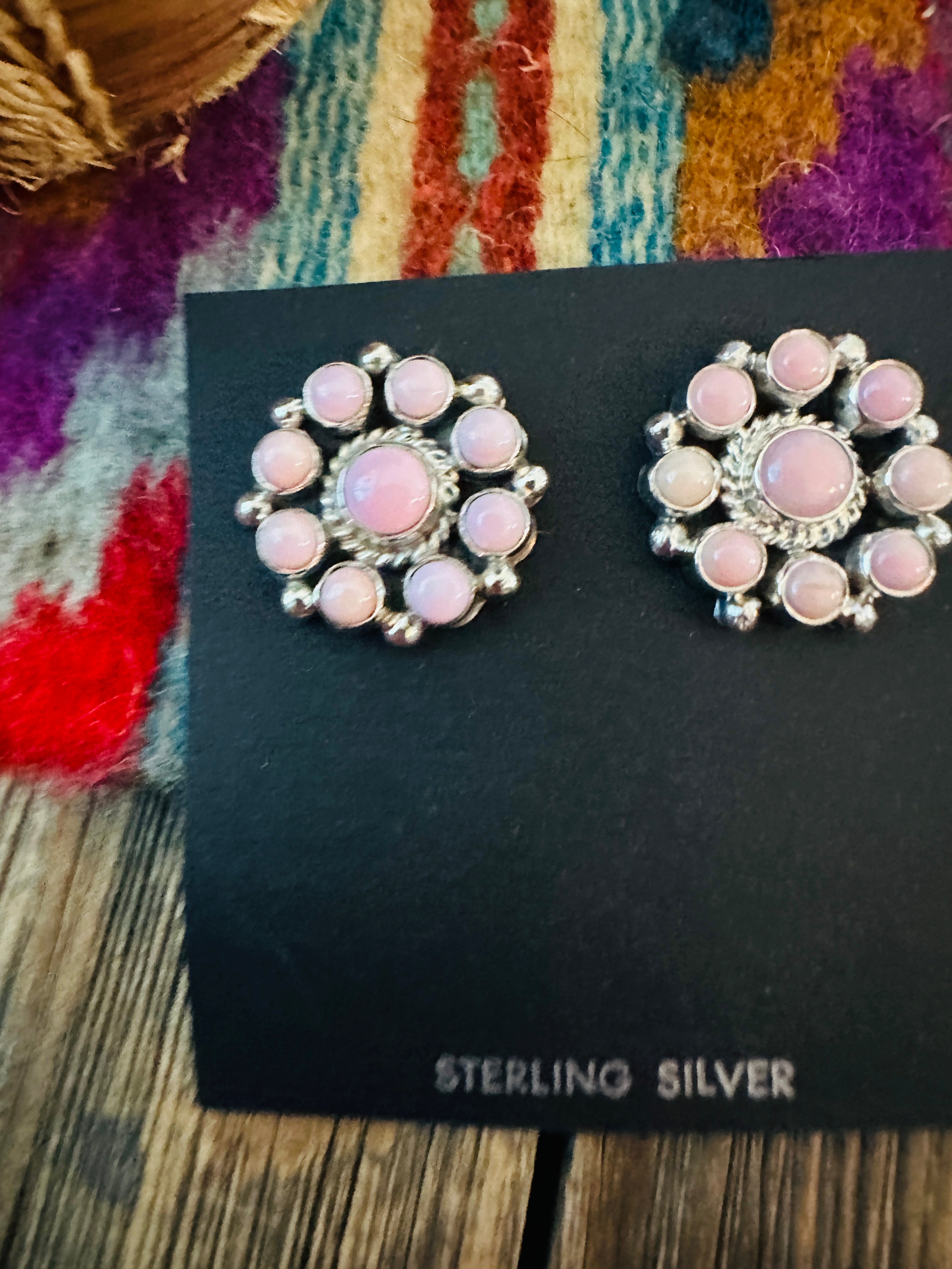 Handcrafted Queen Pink Conch & Sterling Silver Cluster Post Earrings by Debra Smith