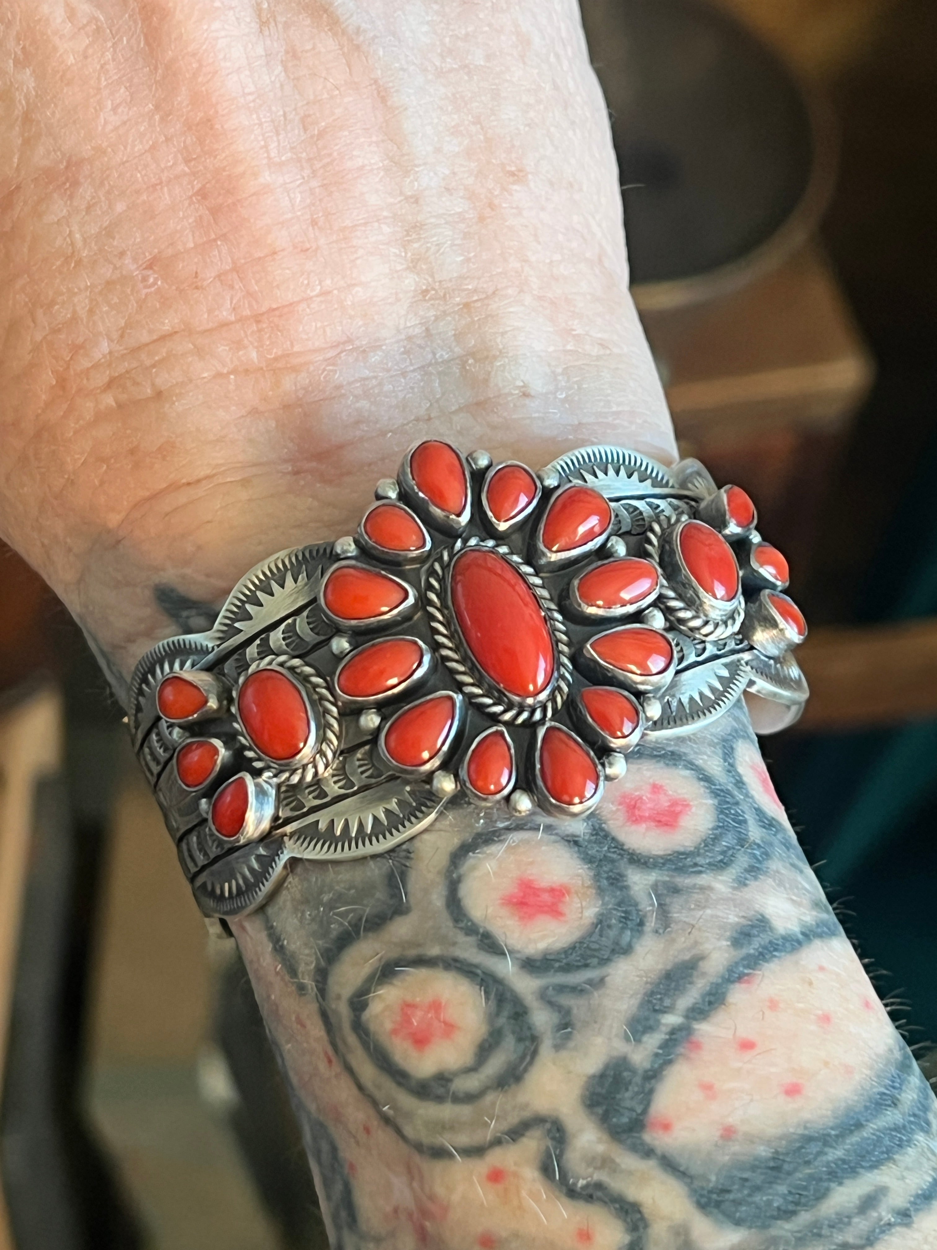 Handcrafted Sterling Silver and Mediterranean Coral Cluster Cuff Bracelet by Murphy Platero